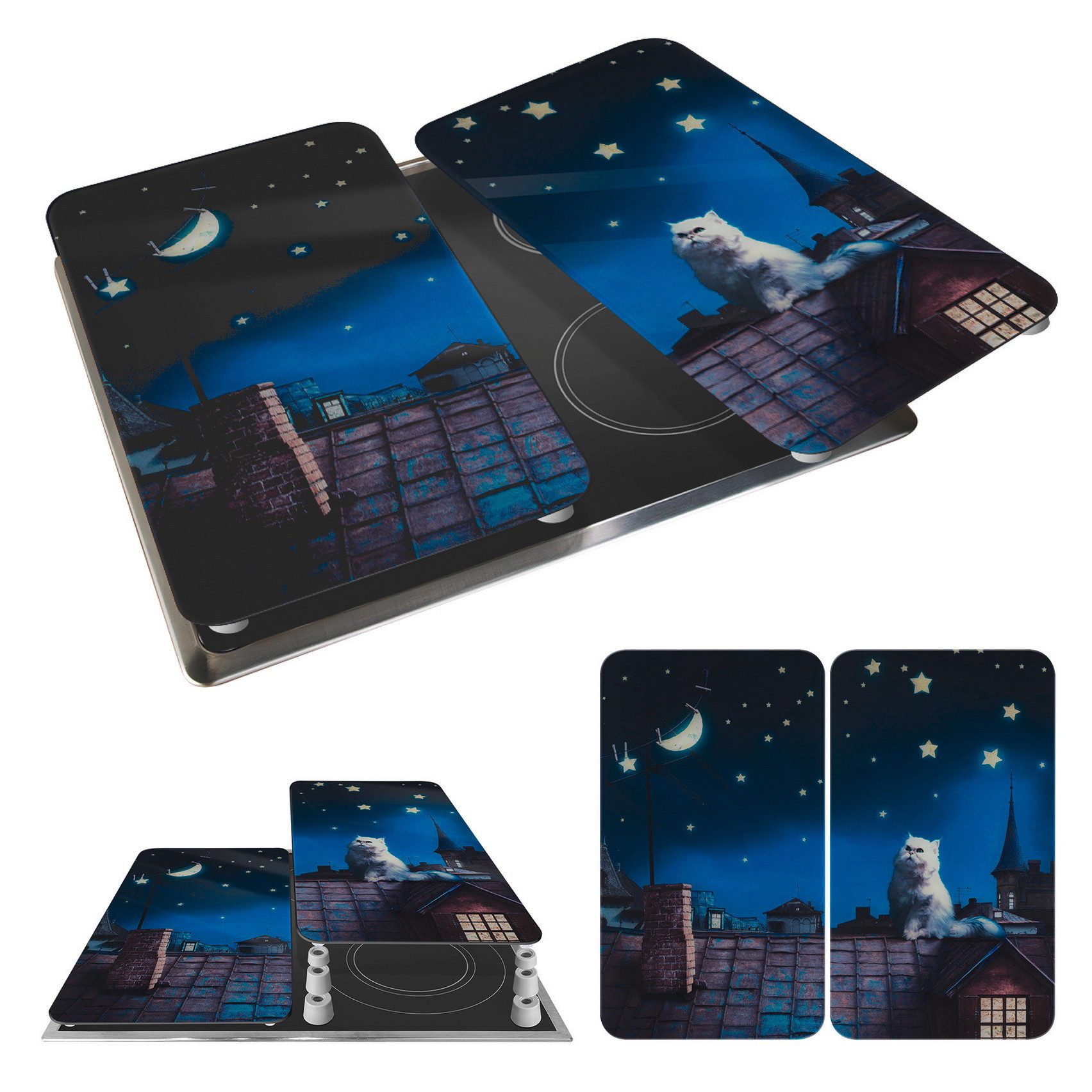 WENKO Kookplaatdeksel Universeel Model Maan Kat Kookplaatafdekking voor alle soorten kookplaten, krasvast, met antislipvoetjes (set, 2-delig)