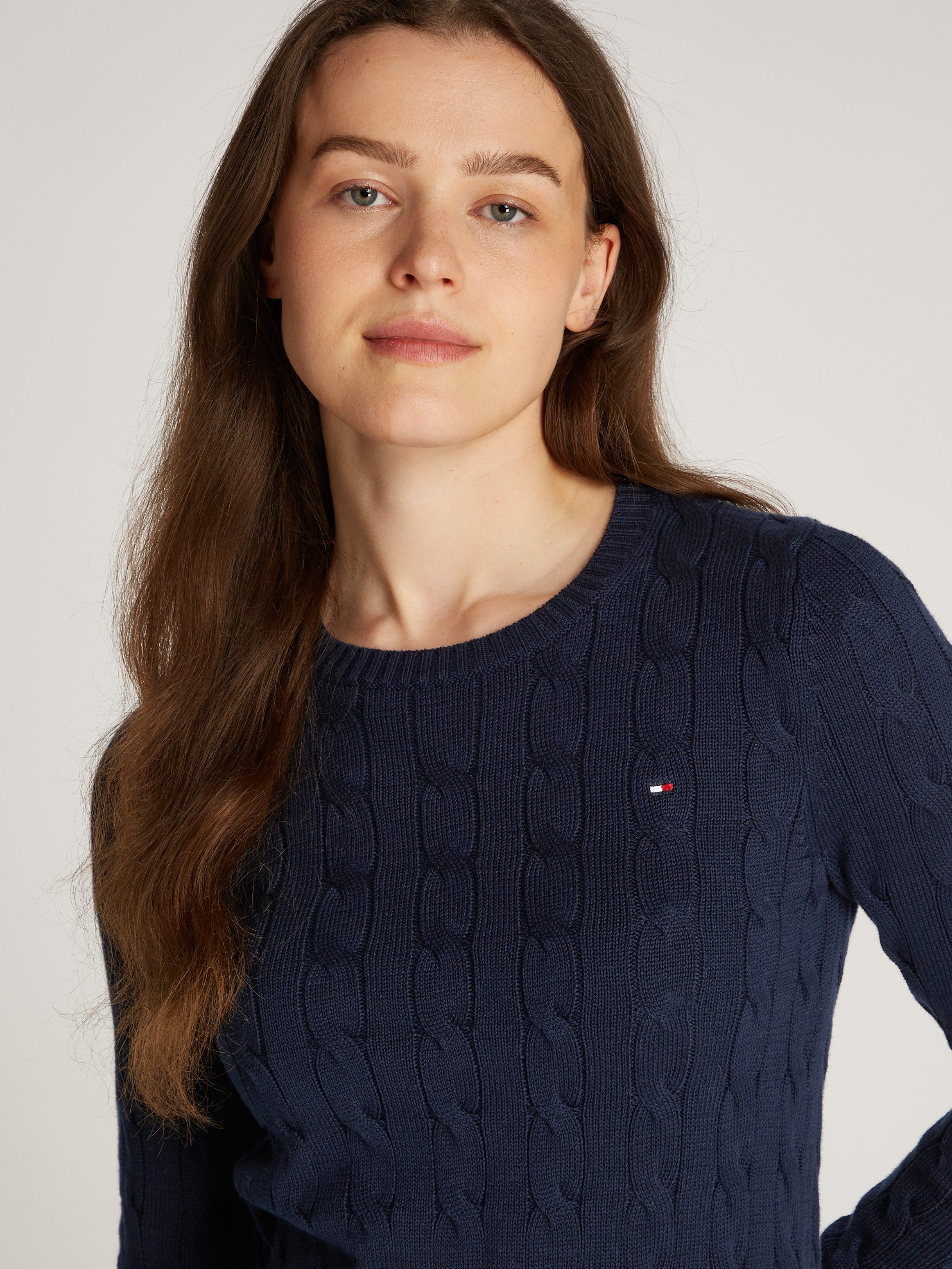Tommy Hilfiger Trui met ronde hals CO CABLE VAR LS C-NK SWT met kabelpatroon, logo-borduursel