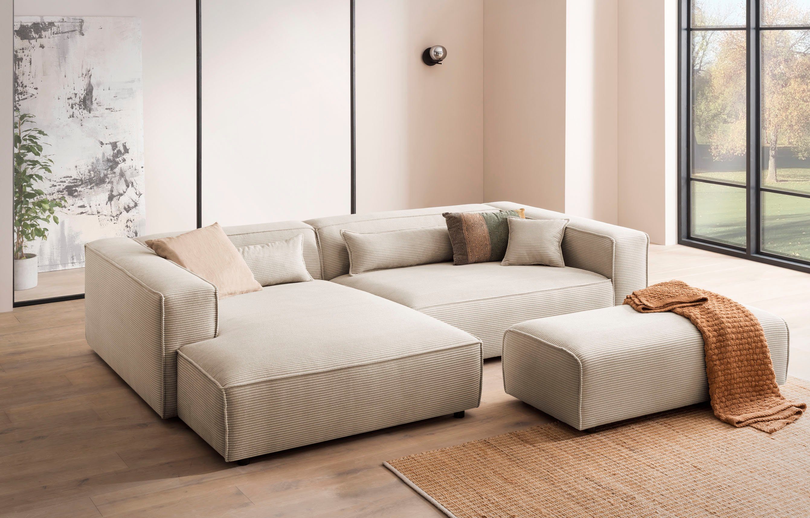 LeGer Home by Lena Gercke Hoekbank PIARA XXL, L-vorm met slaapfunctie, Big-sofa in cord of linnenlook Hocker verstelbaar tot slaapbank (krokodillenverbinder), diepe zitting