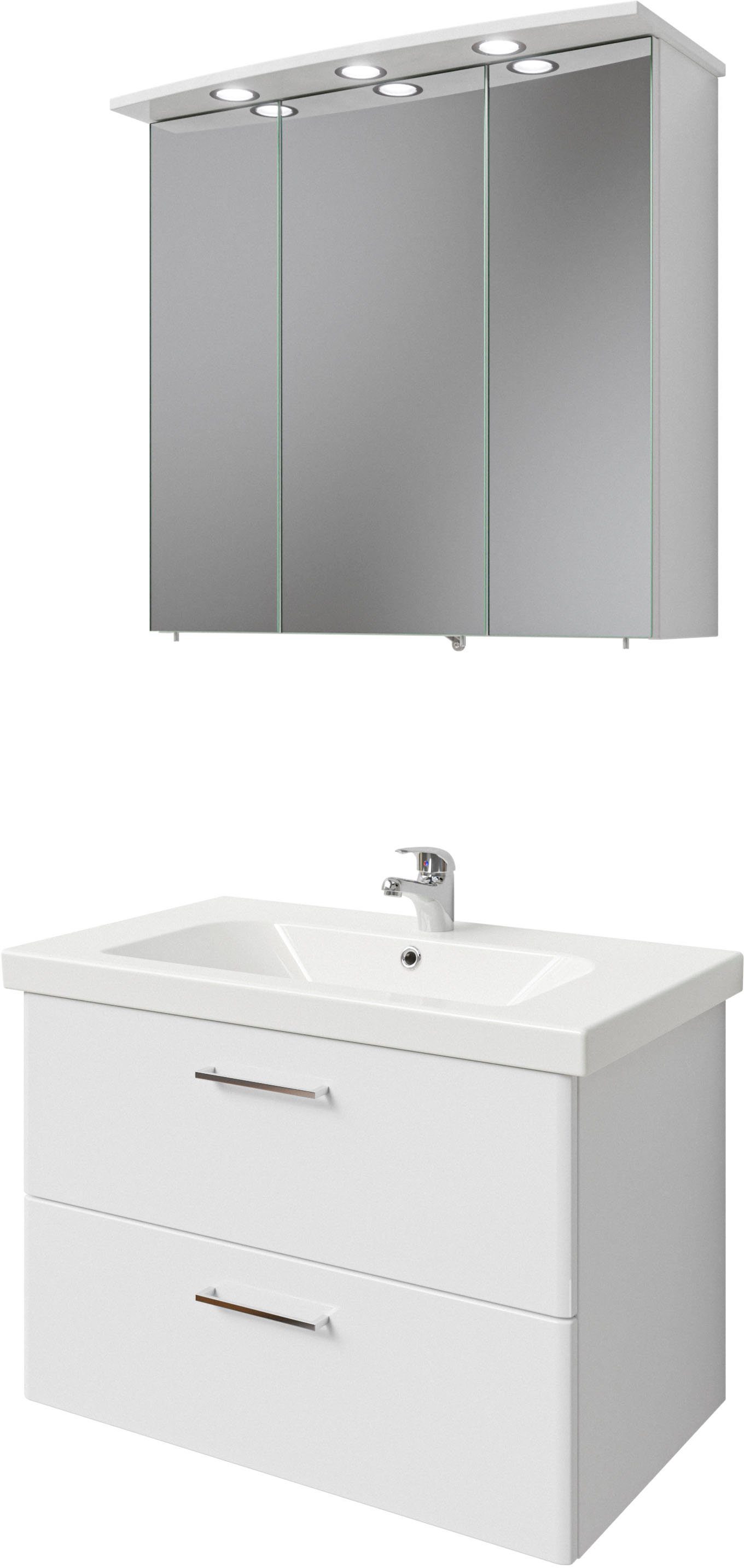 Saphir Badkamerserie Quickset 316 2-delig, keramieken wastafel met led-spiegelkast Wastafel 82 cm breed, 3 deuren, 1 lade, 1 klep, incl. deurdemper