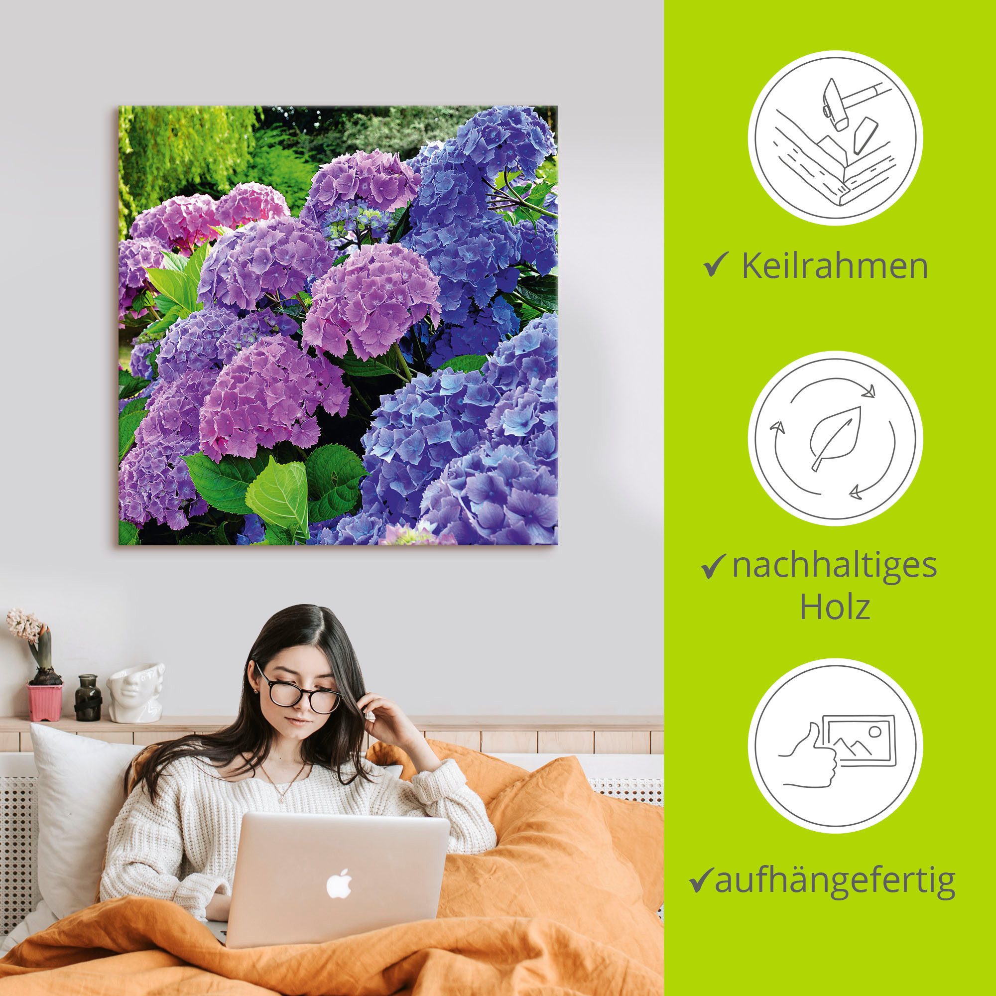 Artland Artprint Hortensia's in de tuin als artprint van aluminium, artprint voor buiten, artprint op linnen, poster, muursticker