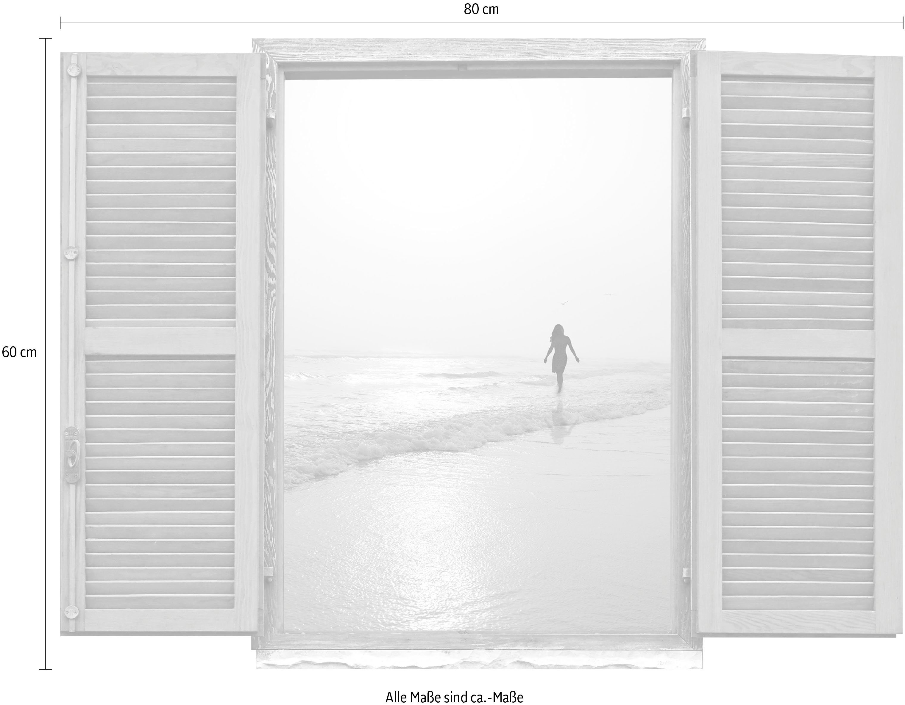 queence Wandfolie Vrouw aan het strand Muursticker, muurdecoratie, zelfklevend, 3D, raam (1 stuk)