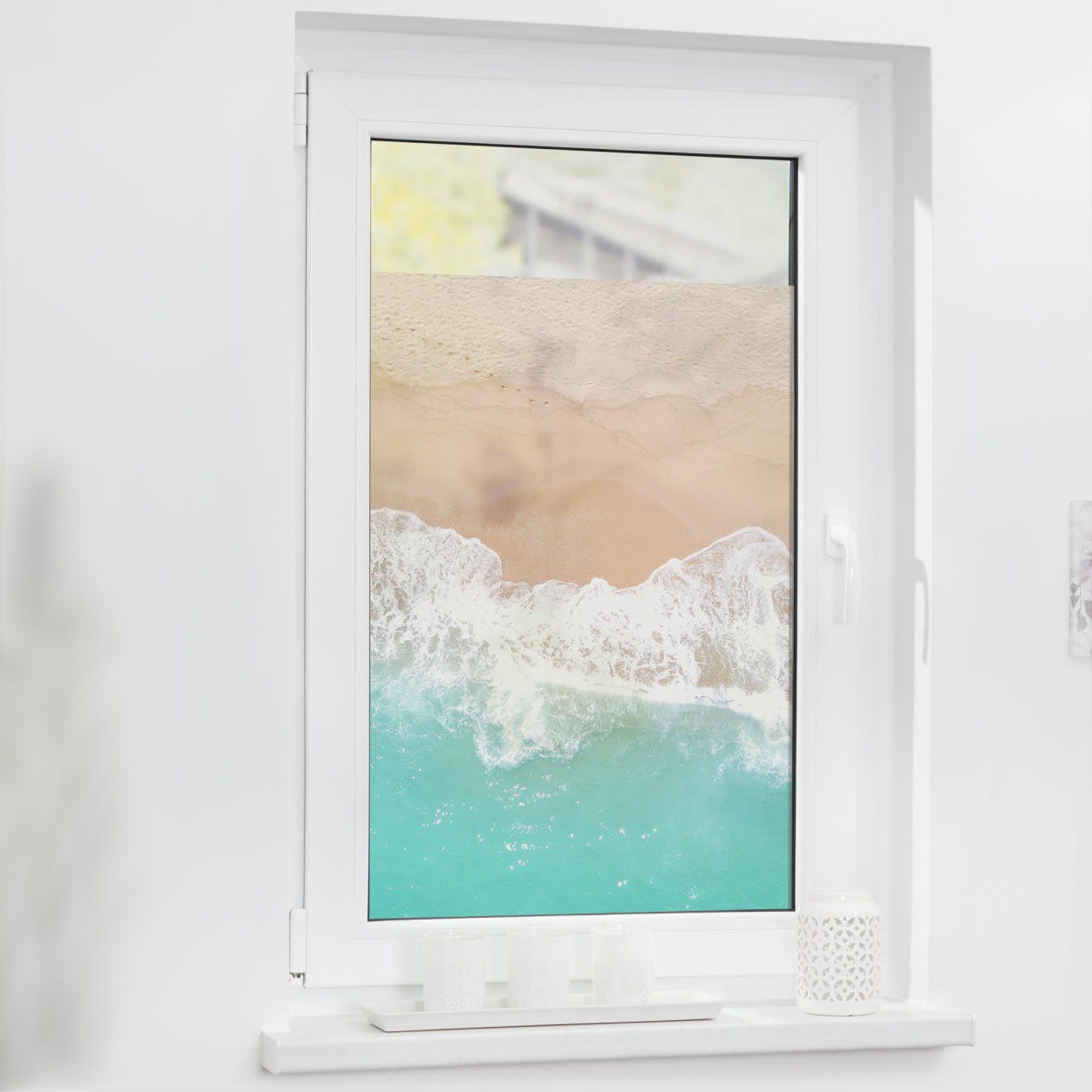 LICHTBLICK Raamfolie zelfklevend, bescherming tegen inkijk, The beach - turquoise beige (1 stuk) raamdecoratie maat 50 cm x 50 cm blauw