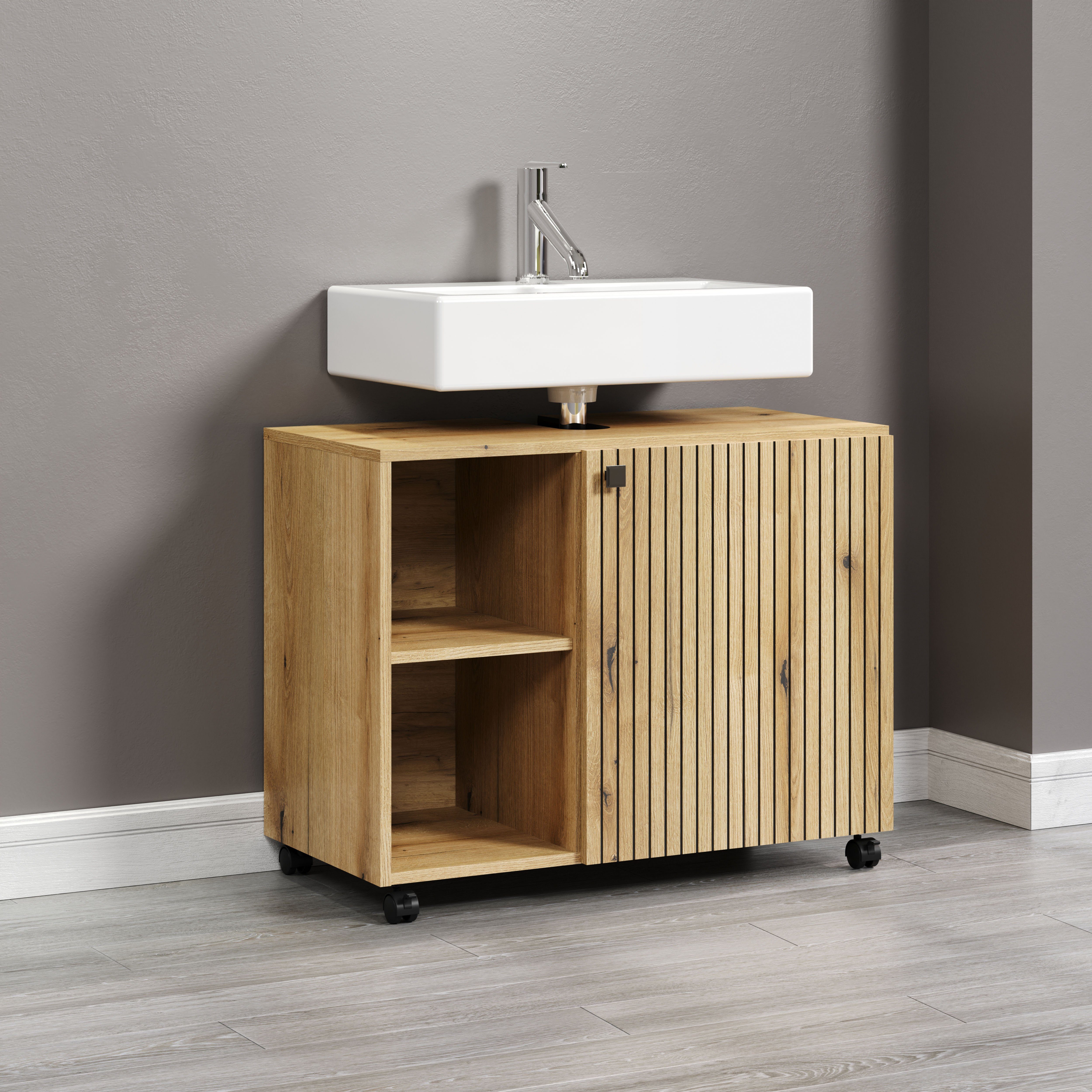 welltime Wastafelonderkast Amrum BxHxD 80 x 64 x 42 cm wastafelonderkast eiken rillen-look (1 stuk)