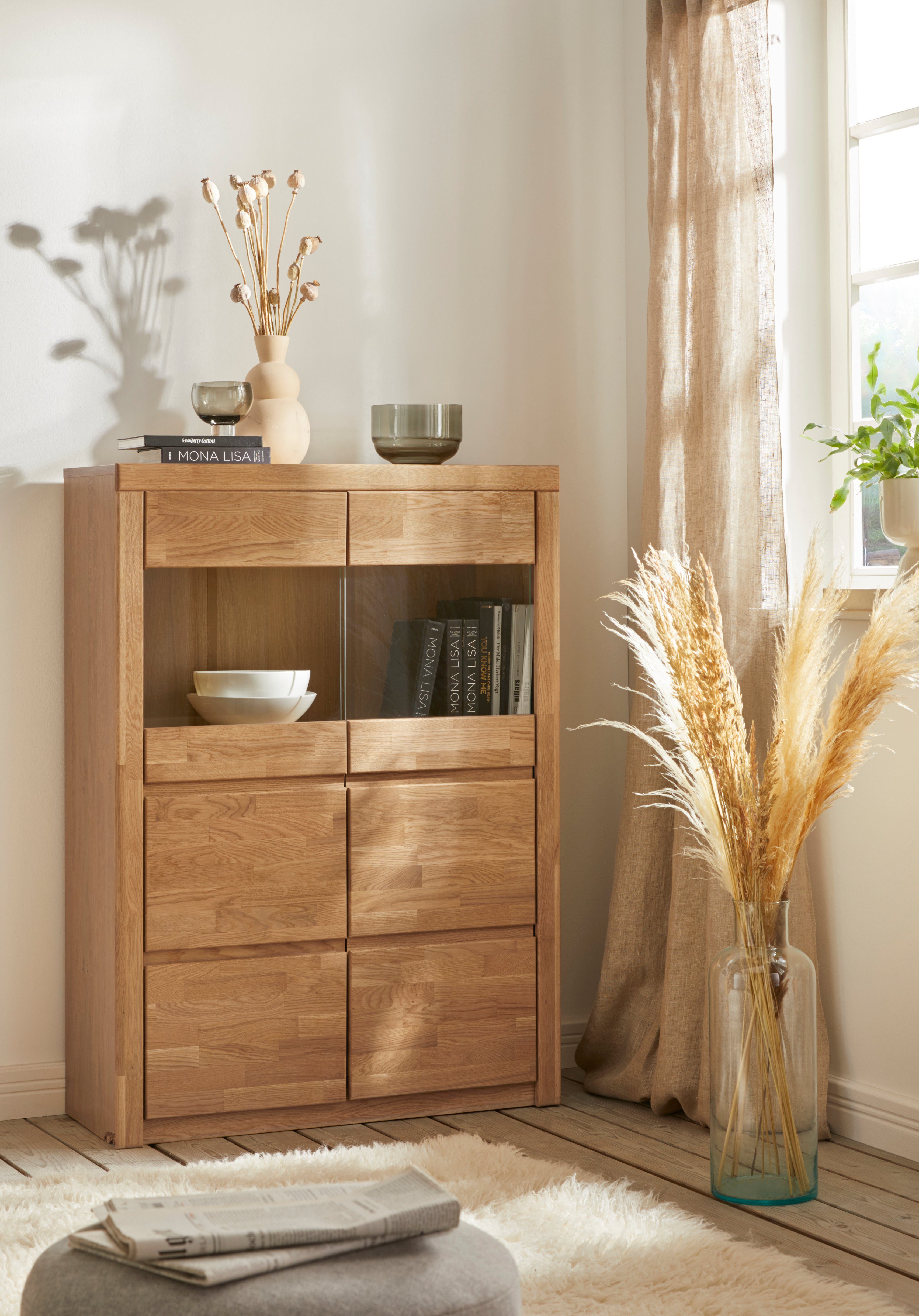 Woltra Highboard Silkeborg mooie greeploze look, gedeeltelijk massief