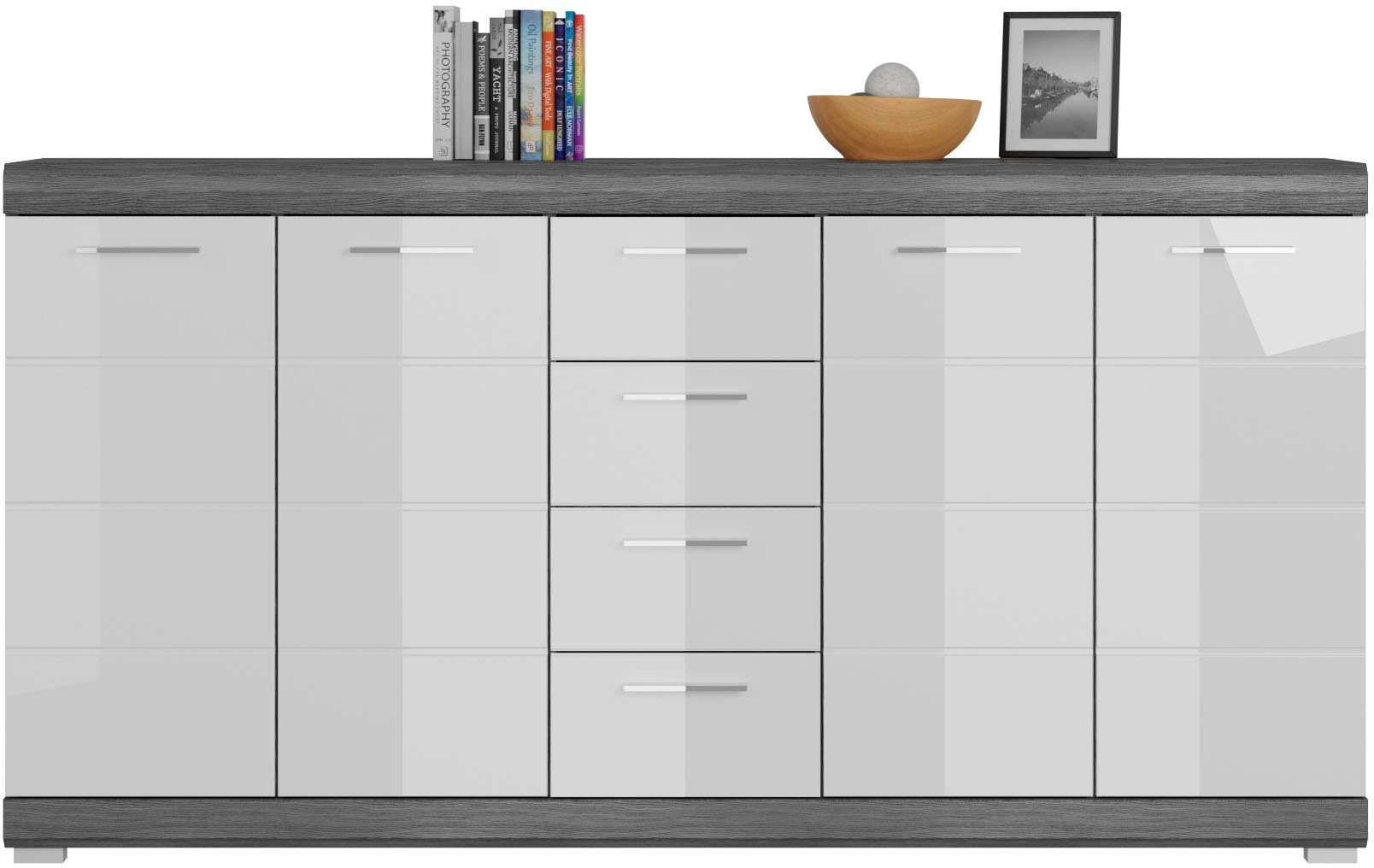 INOSIGN Kast Siena, breedte 165 cm, 4 deuren, 4 lades, 8 legplanken, 12 vakken Front-groeffreesing, schoenenkommode, schoenenkast, buffetkast, sideboard