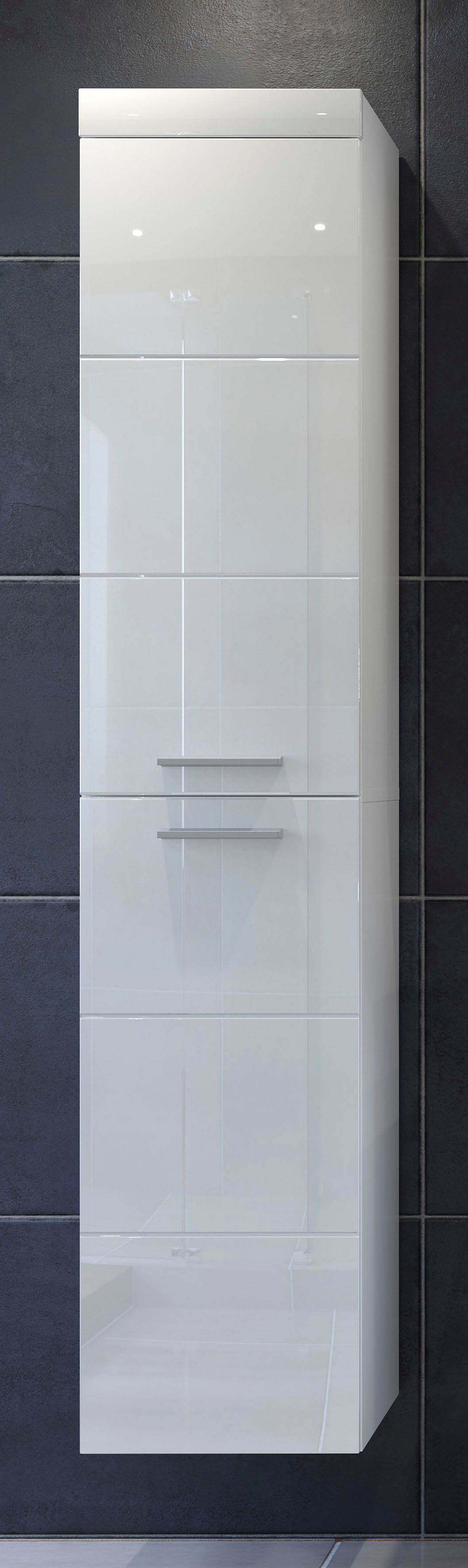 welltime Hangend kastje Dormoletto Hangende hoge kast in hoogglans wit met horizontale frezing