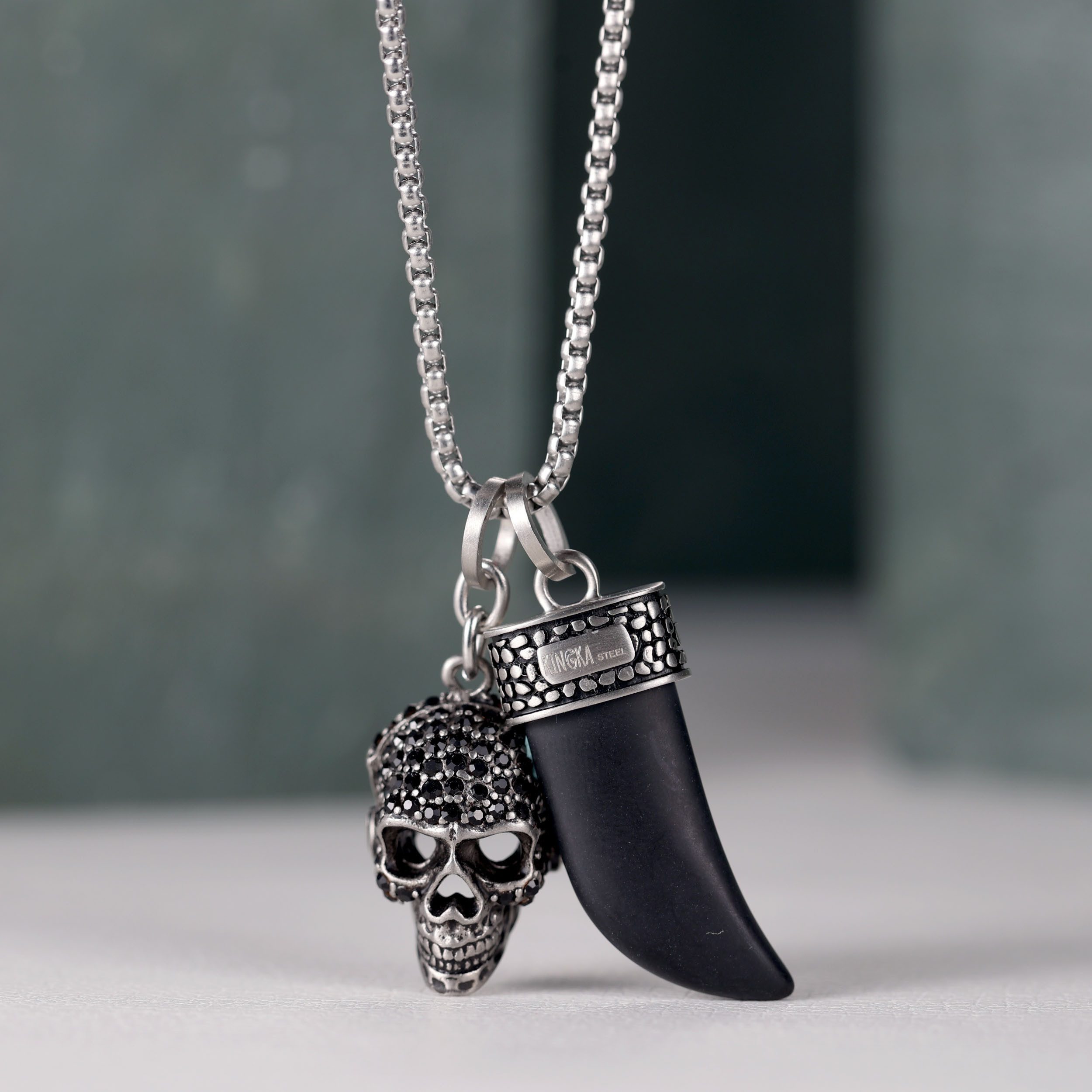 Kingka Ketting met hanger Sieraad cadeau roestvrij staal halsketting tand doodshoofd, OSN-850SBK-BX (set, 3-delig)