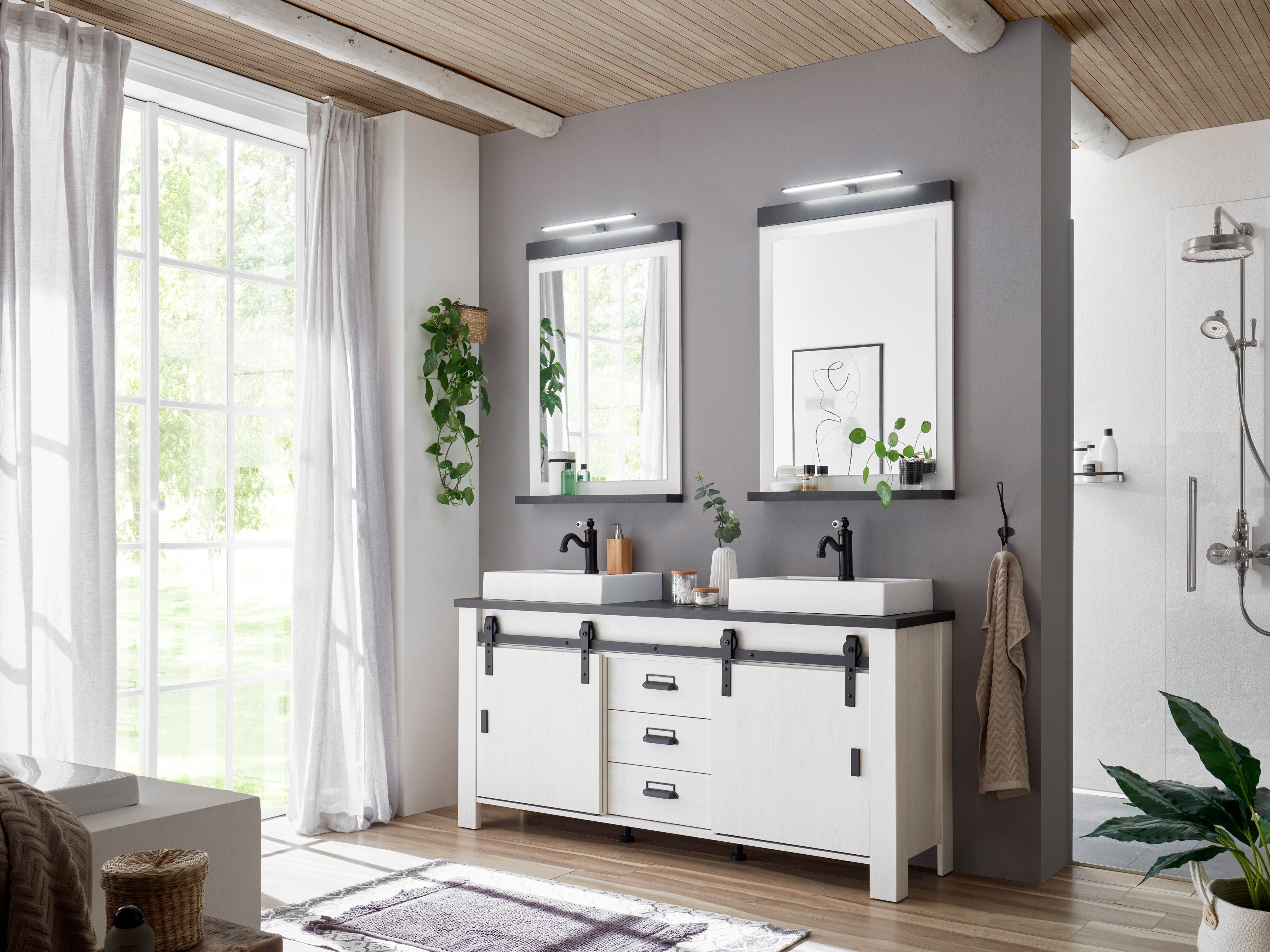 Home affaire Badkamerserie SHERWOOD, Bad im modernen Design, 3-teiliges Badezimmer in houtdecor, met schuurdeurbeslag en apothekersgrepen van metaal (3-delig)