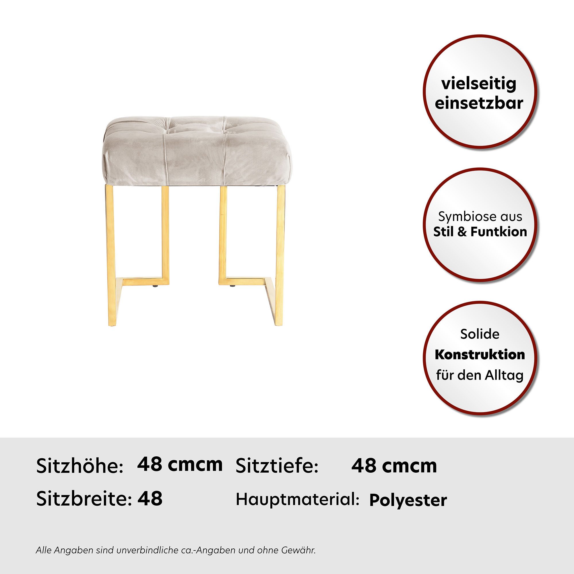 Kayoom Hocker Kruk Rarity 125, elegante uitstraling door goudkleurige frame hoekig, fluweelzacht, doorgestikt, met sierknopen, edelstalen frame (1 stuk)