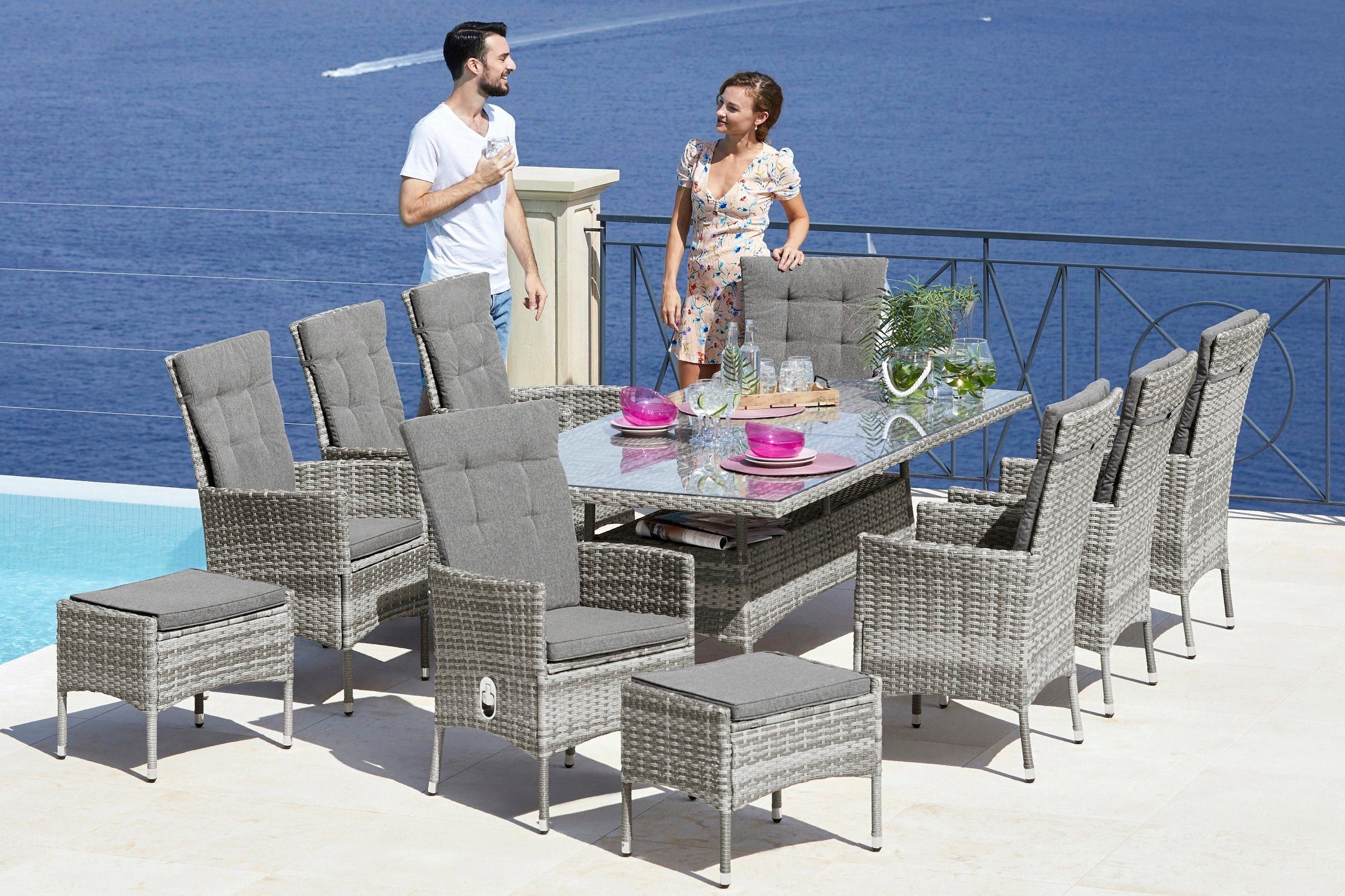 KONIFERA Tuin-eethoek Belluno Bergruimte onder de tafel, grijs, 2 van de 8 fauteuils traploos verstelbaar (set, 17-delig)