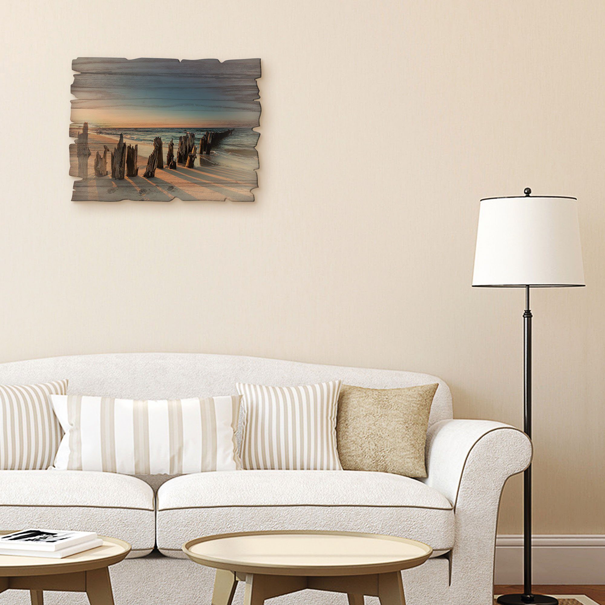 Artland Artprint op hout Zonsondergang strand golfbreker