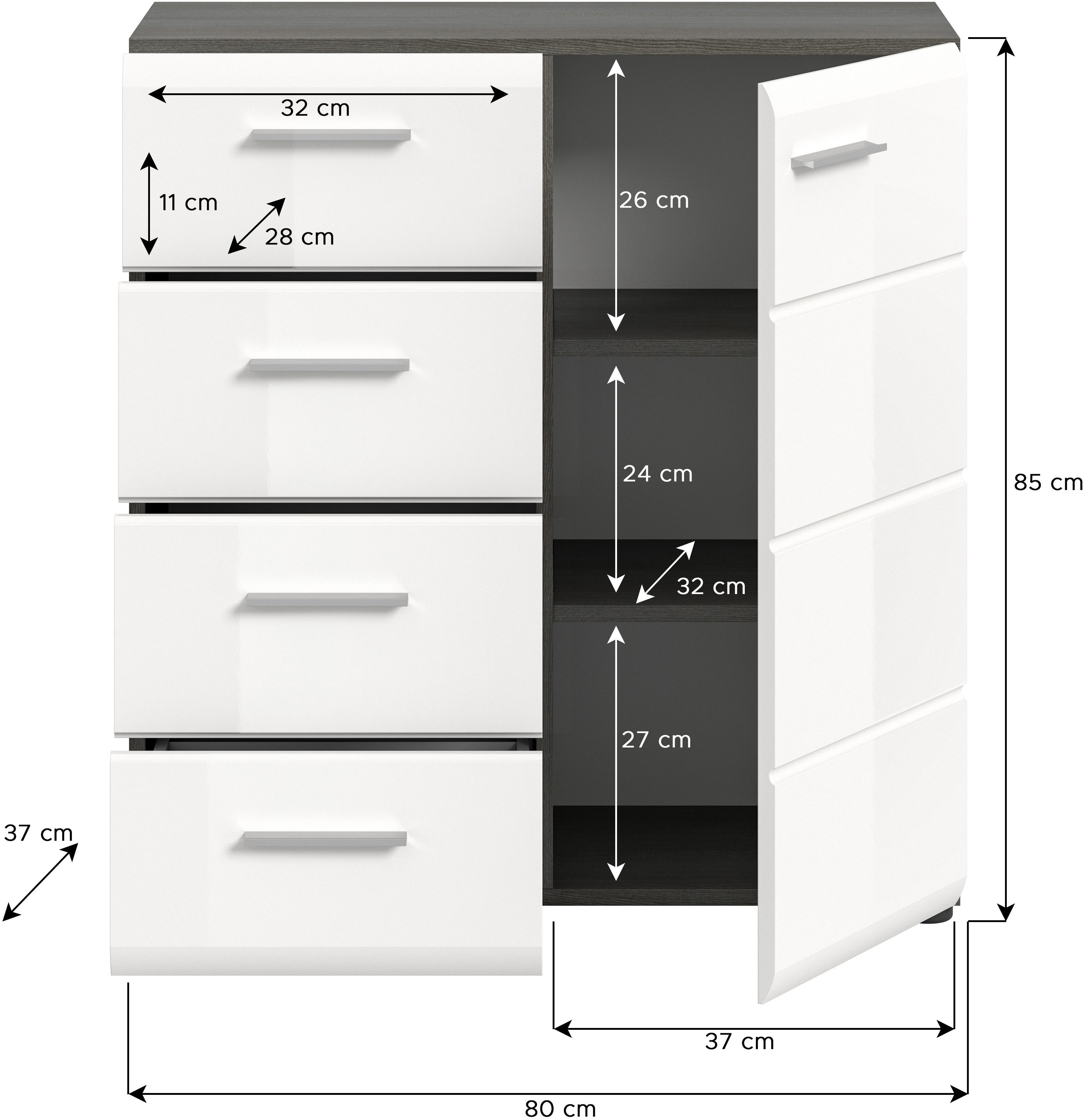 INOSIGN Kast Rumba, Breedte 75cm, in Rookzilverkleur nabootsing/Wit Hoogglans