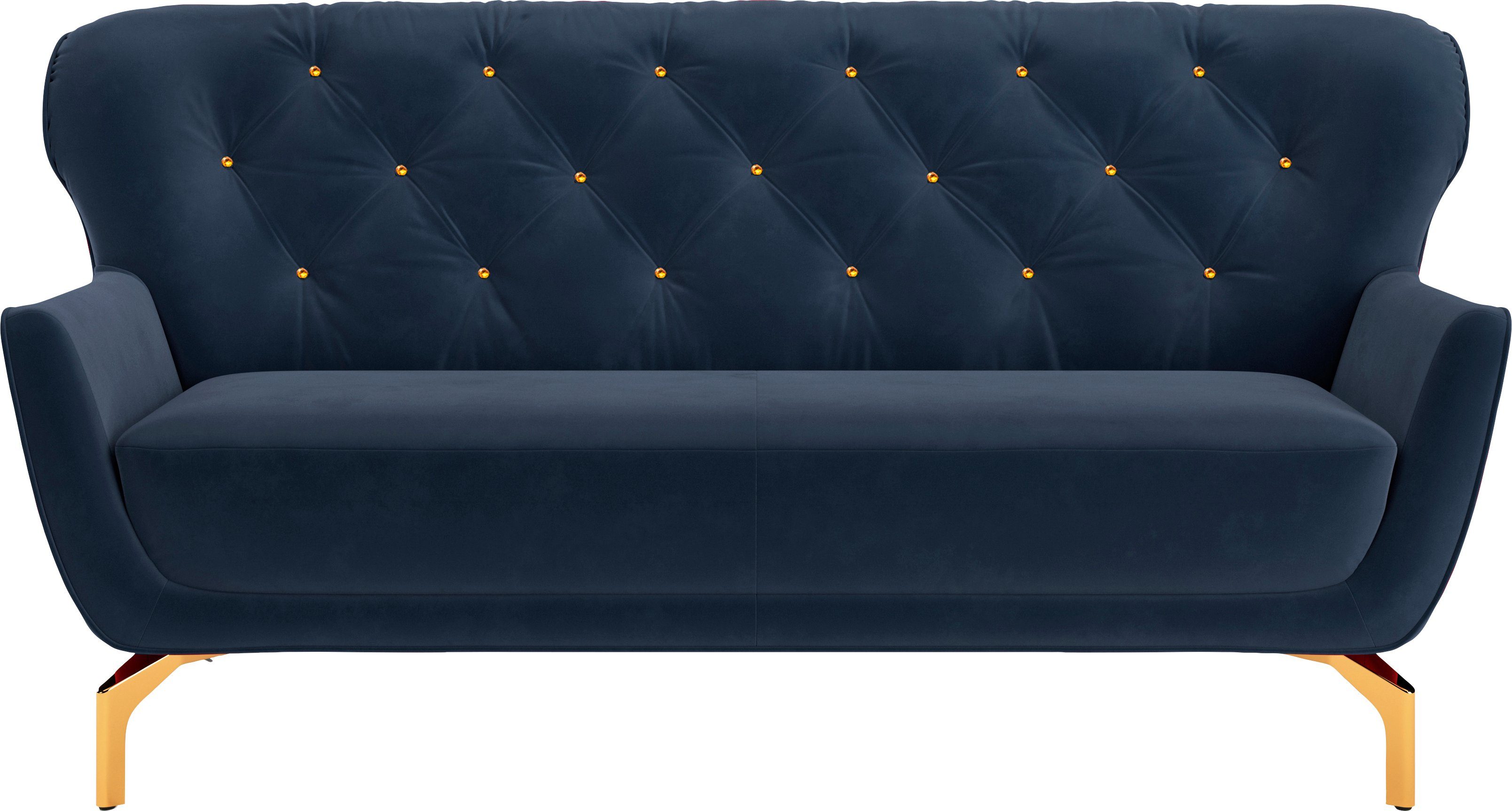 sit&more 3-zitsbank Orient 3 incl. 2 sierkussens met strassteentjes, goudkleurige metalen poten blauw, 3-zitsbanken