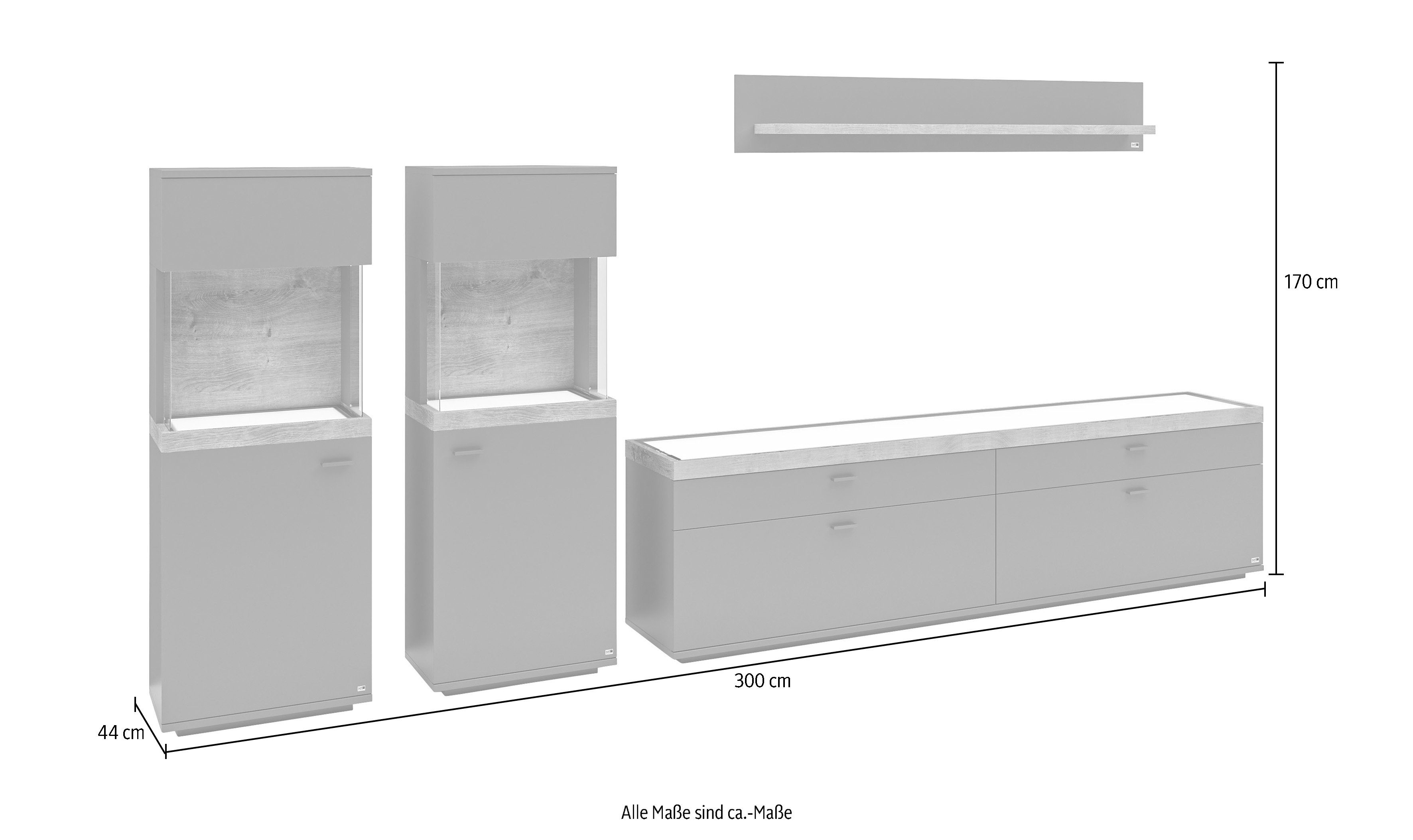 set one by Musterring Wandmeubel Lancaster 4-delig met fronten in wit of grijs, breedte ca.330cm