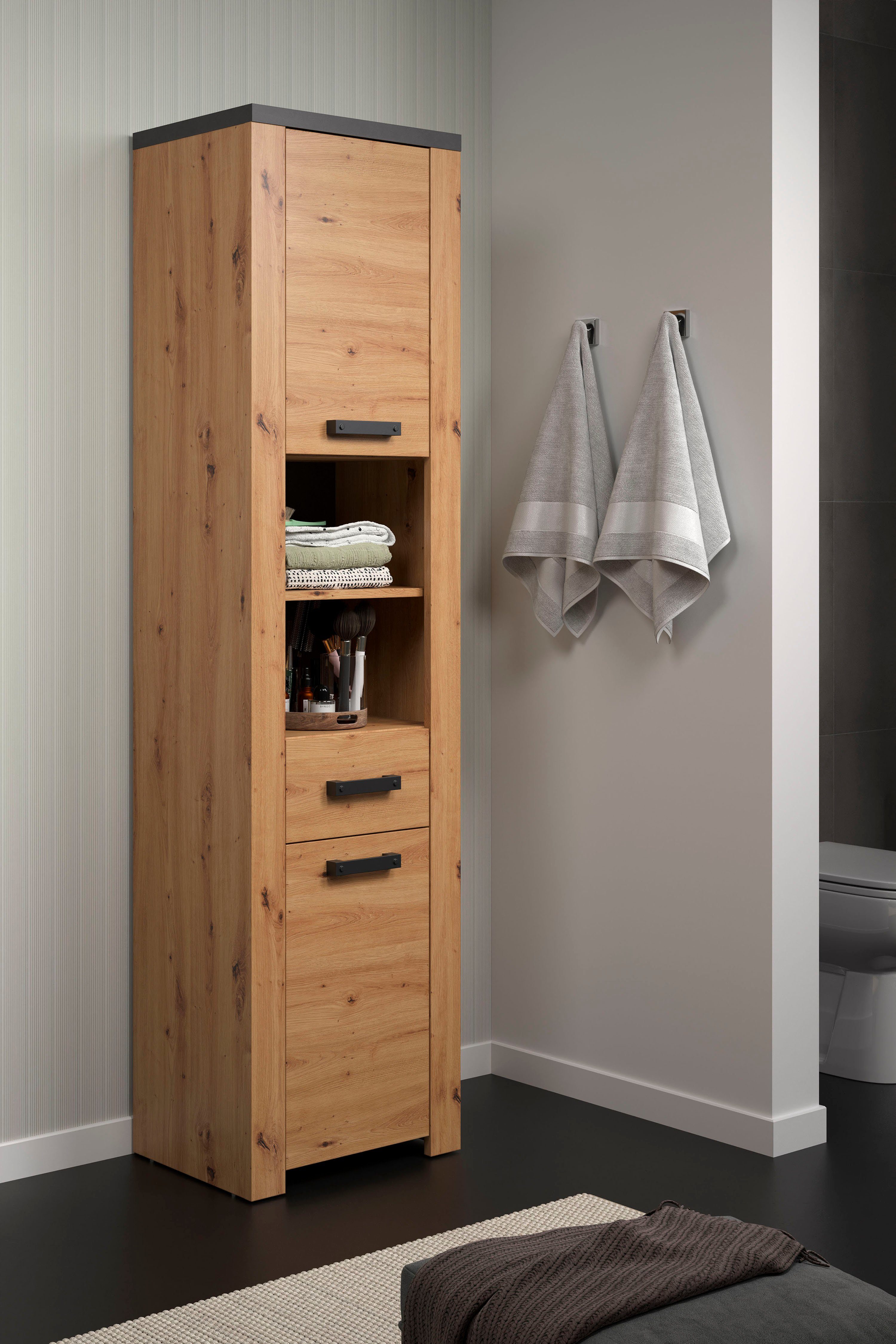 Home affaire Hoge kast Ambres Badkamerkast in matte echt houtlook - afmetingen (B/D/H) 53/35/196 cm (1 stuk)