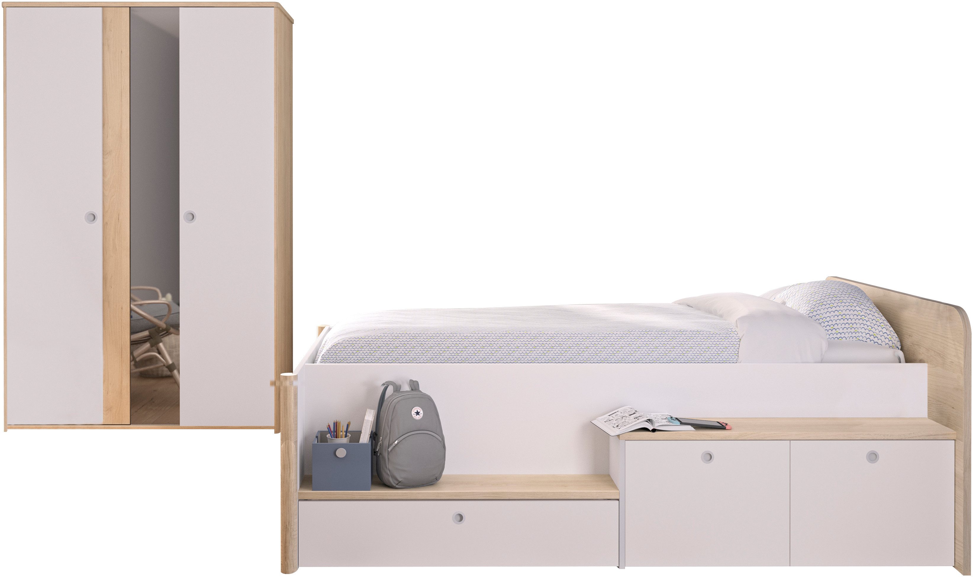 Gami Slaapkamerserie 2-delige set Bed met veel opbergruimte complete slaapkamers wit