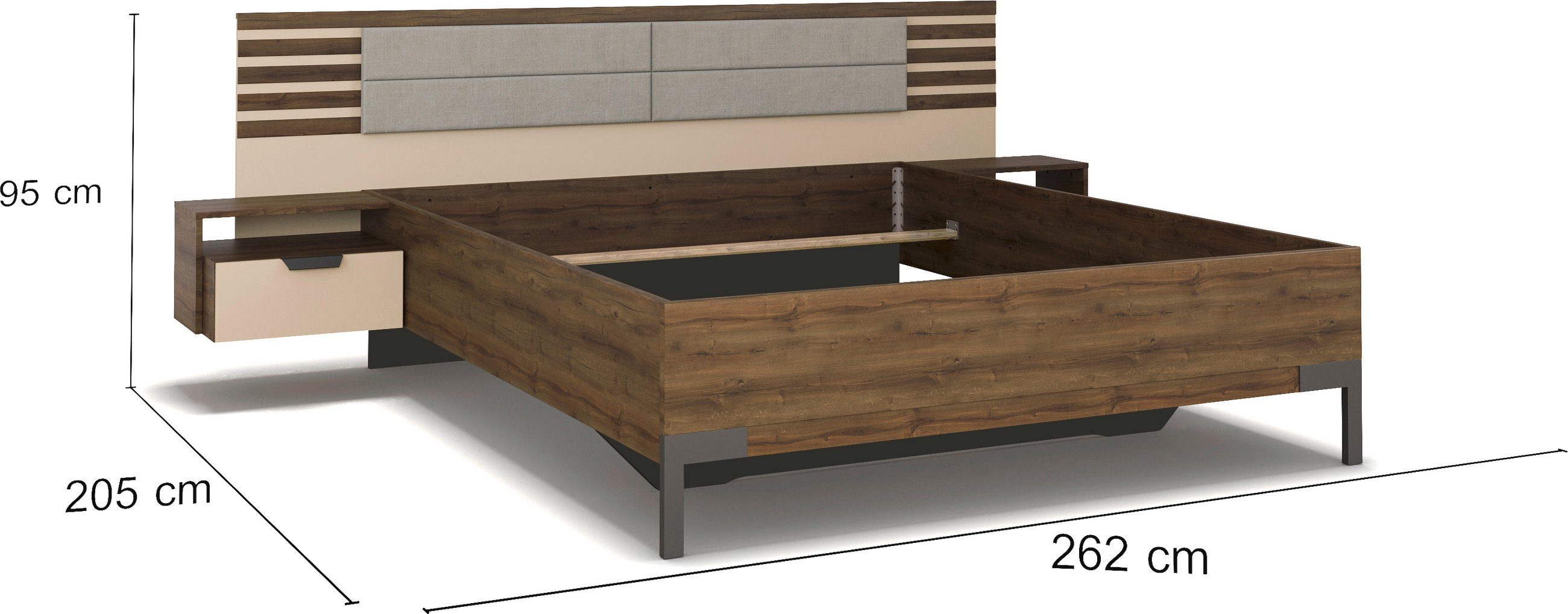 rauch Ledikant Bed Tweepersoons Futonbed BAREA met hangende nachtkastjes en hoofdbord met gestoffeerd kussen