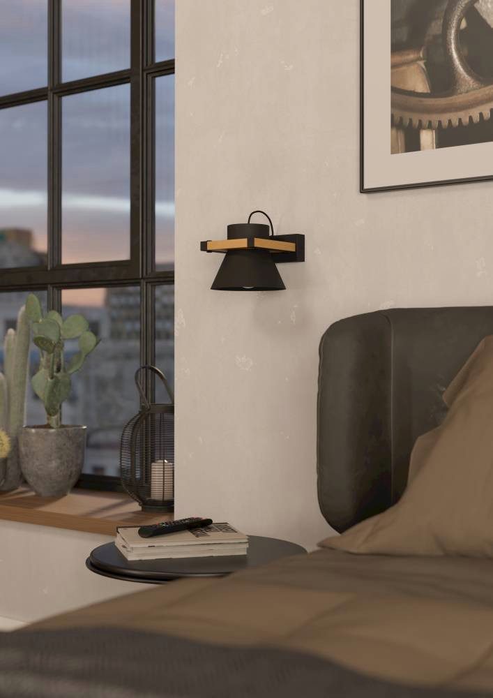 EGLO Wandlamp MACCLES Wandlamp, ganglamp, zwart, metaal en hout, lamp voor wand en plafond (1 stuk)