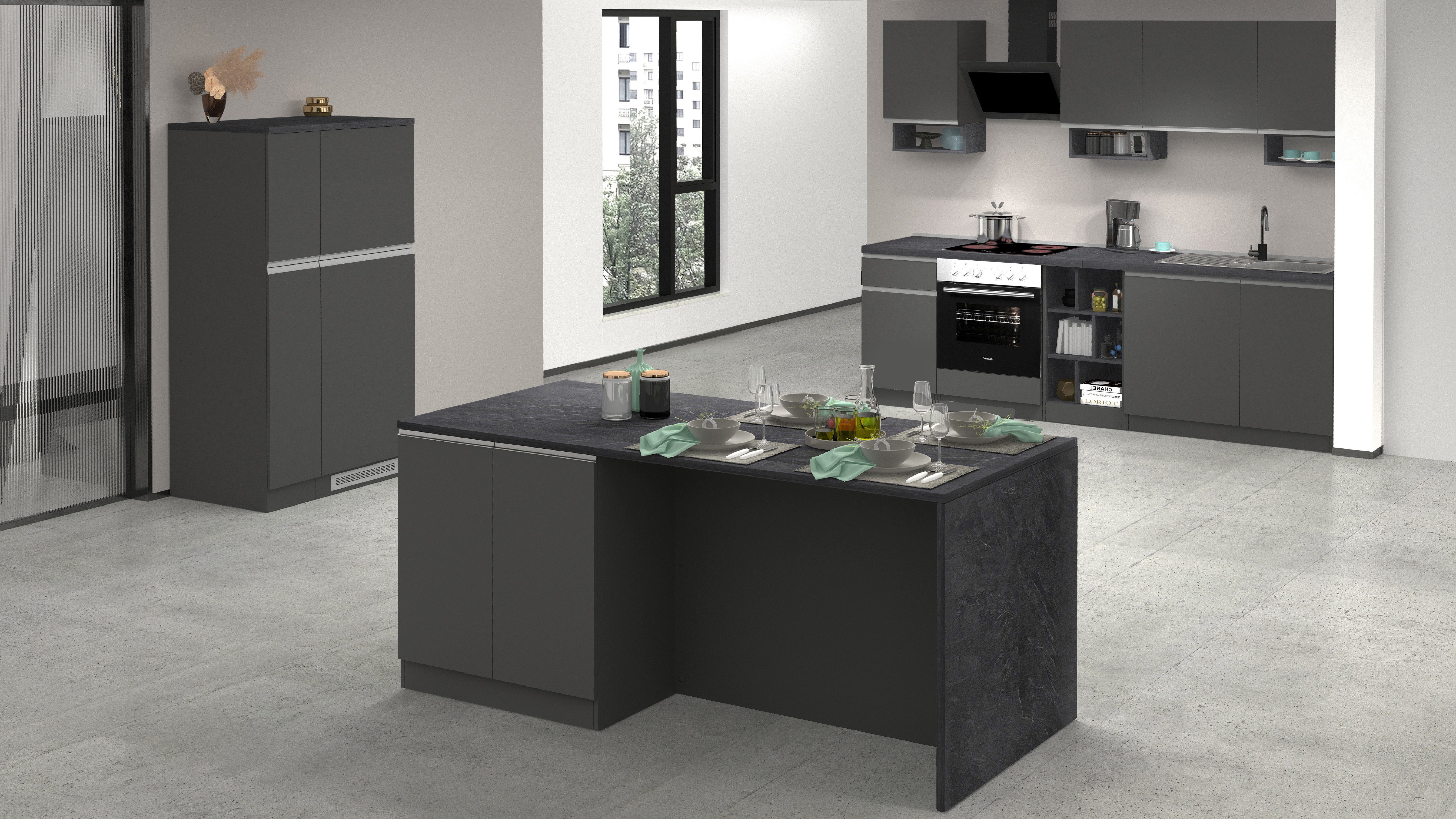 Kochstation Kookeiland Sole, kookeiland, keukenwerkblok, eilandkeuken, werk-eiland Breedte 200 cm met 4 deuren, 4 vakken, werkblad, aluminium handgreep