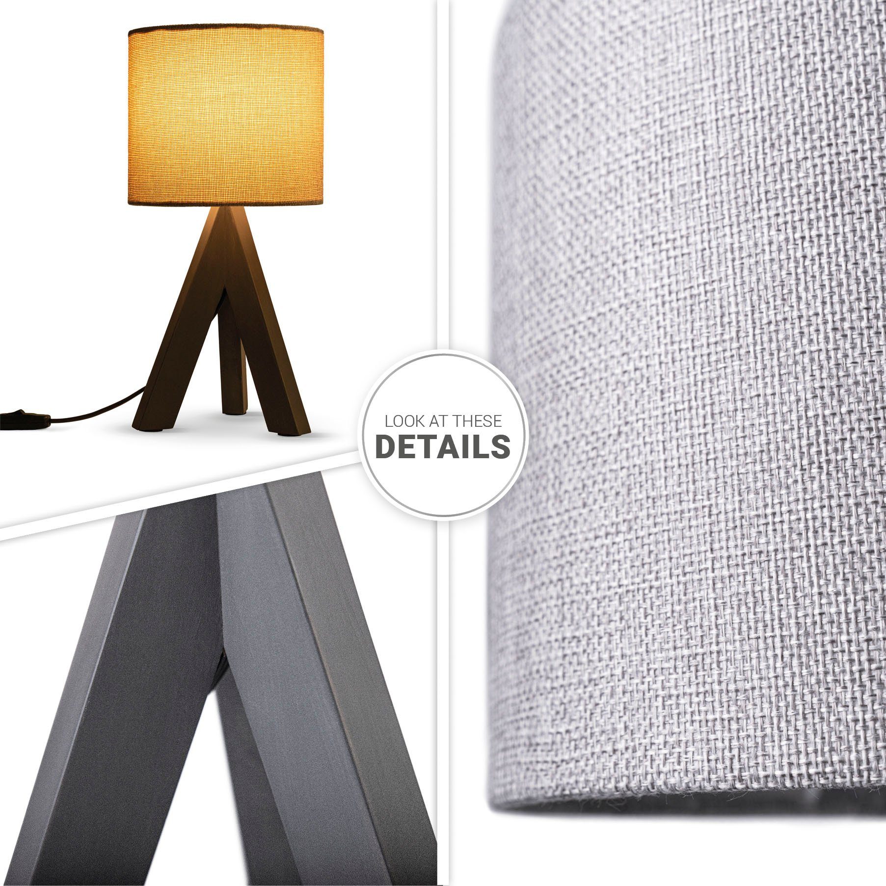 Paco Home Tafellamp BAJO CANVAS UNI COLOR Driepotig massief hout, textielscherm uni linnen, Ø 17 cm, H. 35 cm