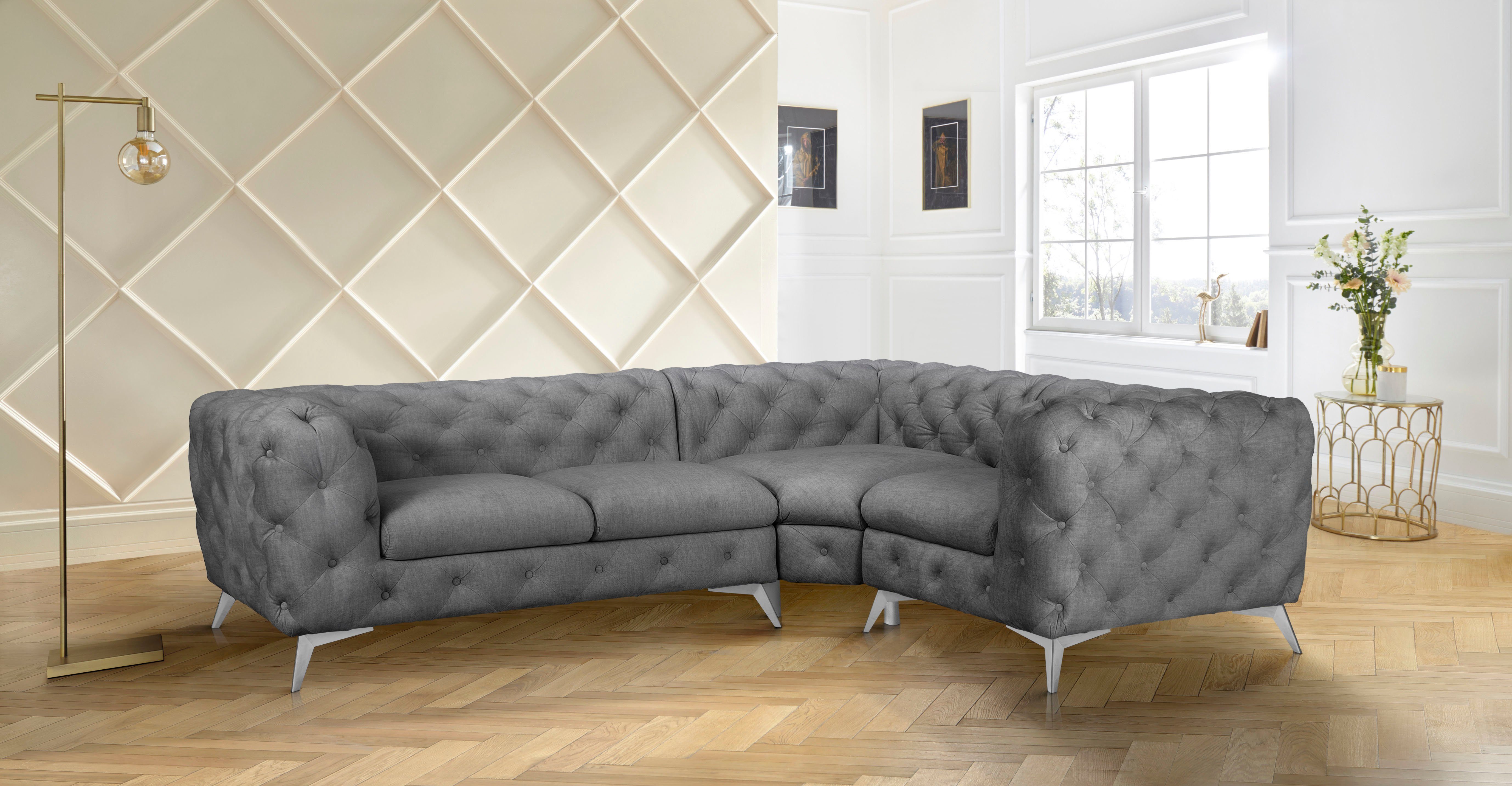 Leonique Chesterfield-bank Glynis L-vorm luxueuze capitonnage, moderne chesterfield look, kleur van de poten ter keuze