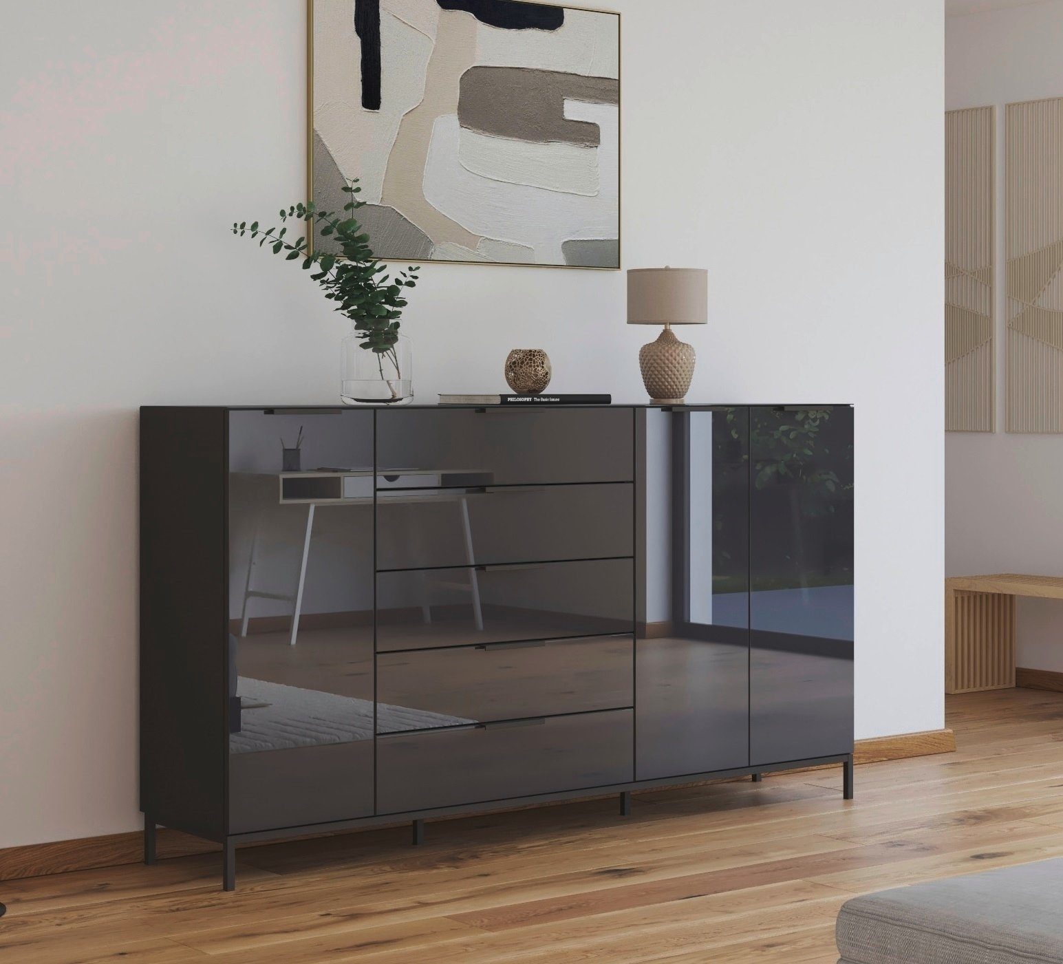 rauch Kast met laden en deuren Flipp 3-deurs, 5 lades, soft-close functie, bovenblad en glazen front