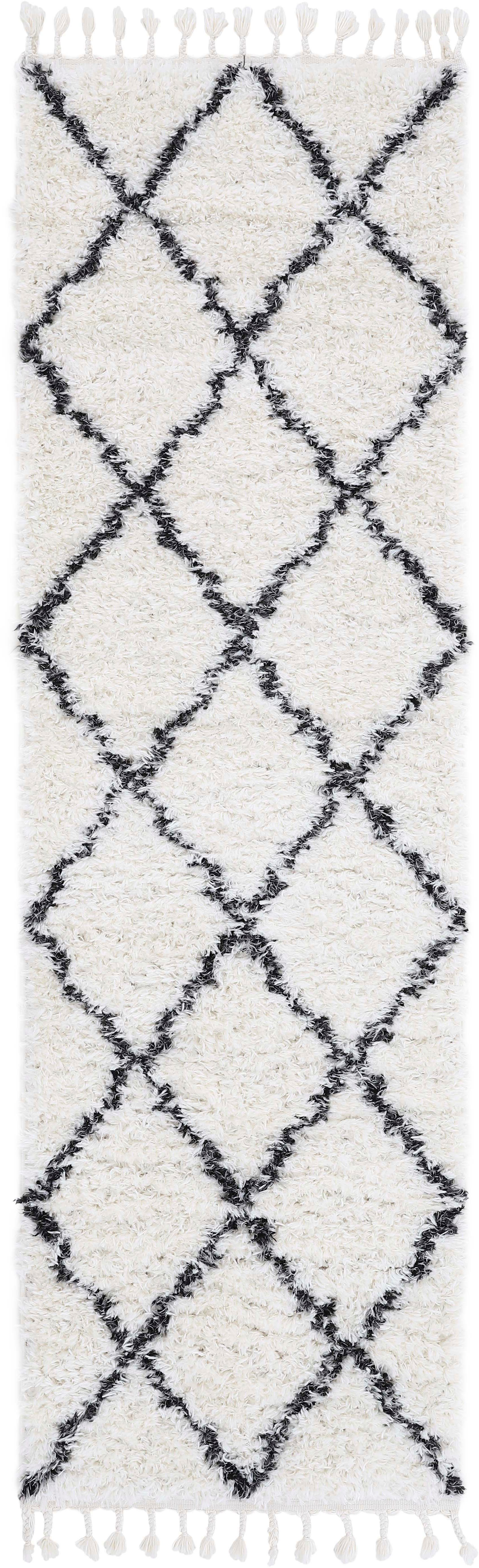 carpetfine Hoogpolige loper Eddy met franje, woonkamer hoogpolige vloerkleden maat 80 cm x 300 cm x 30 mm zwart