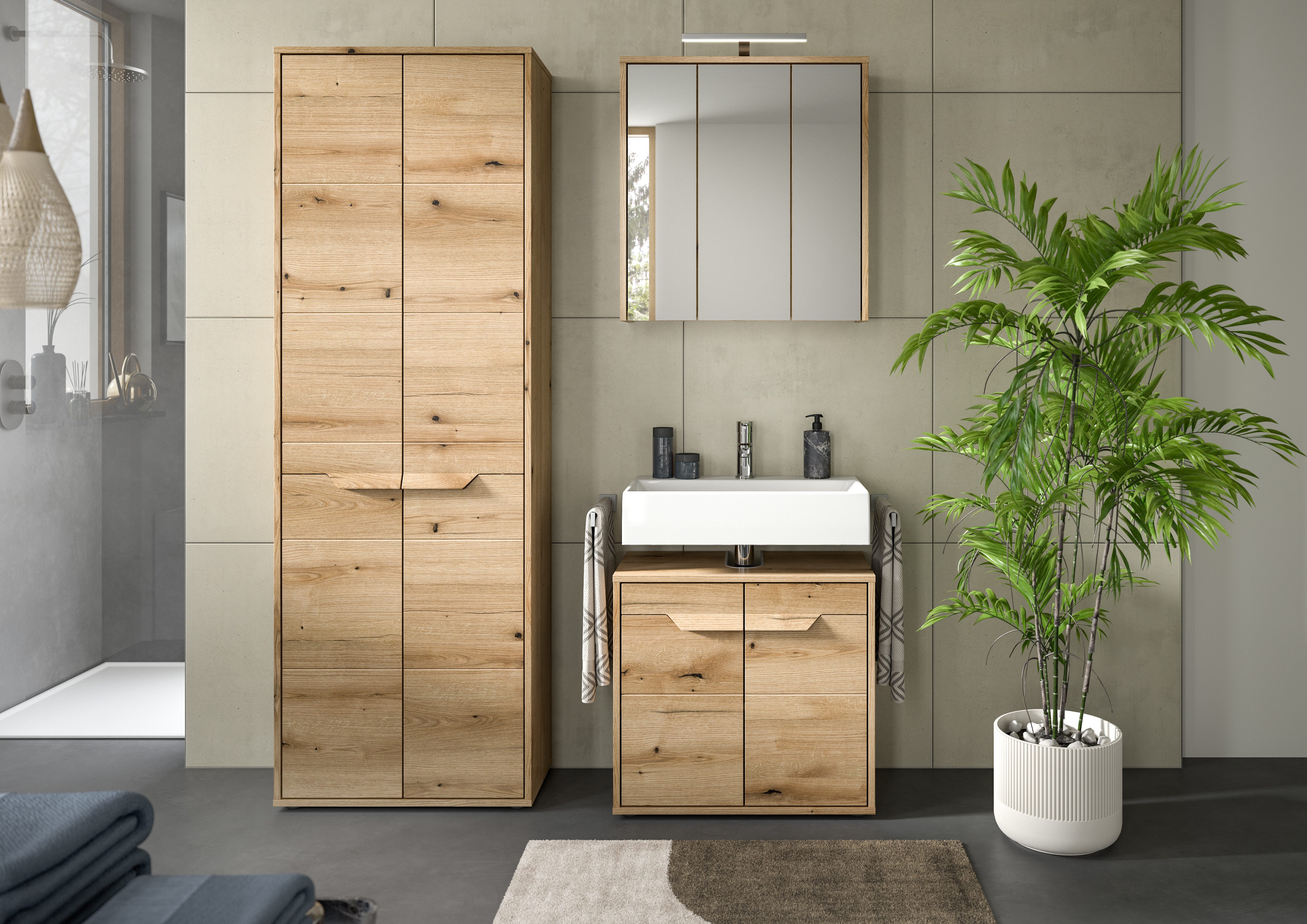 welltime Badmeubelset Kayu, bestaande uit: wastafelonderkast, spiegelkast hoogwaardige mdf voorkant met groeffrezen, bad, badkamer set, badkamer