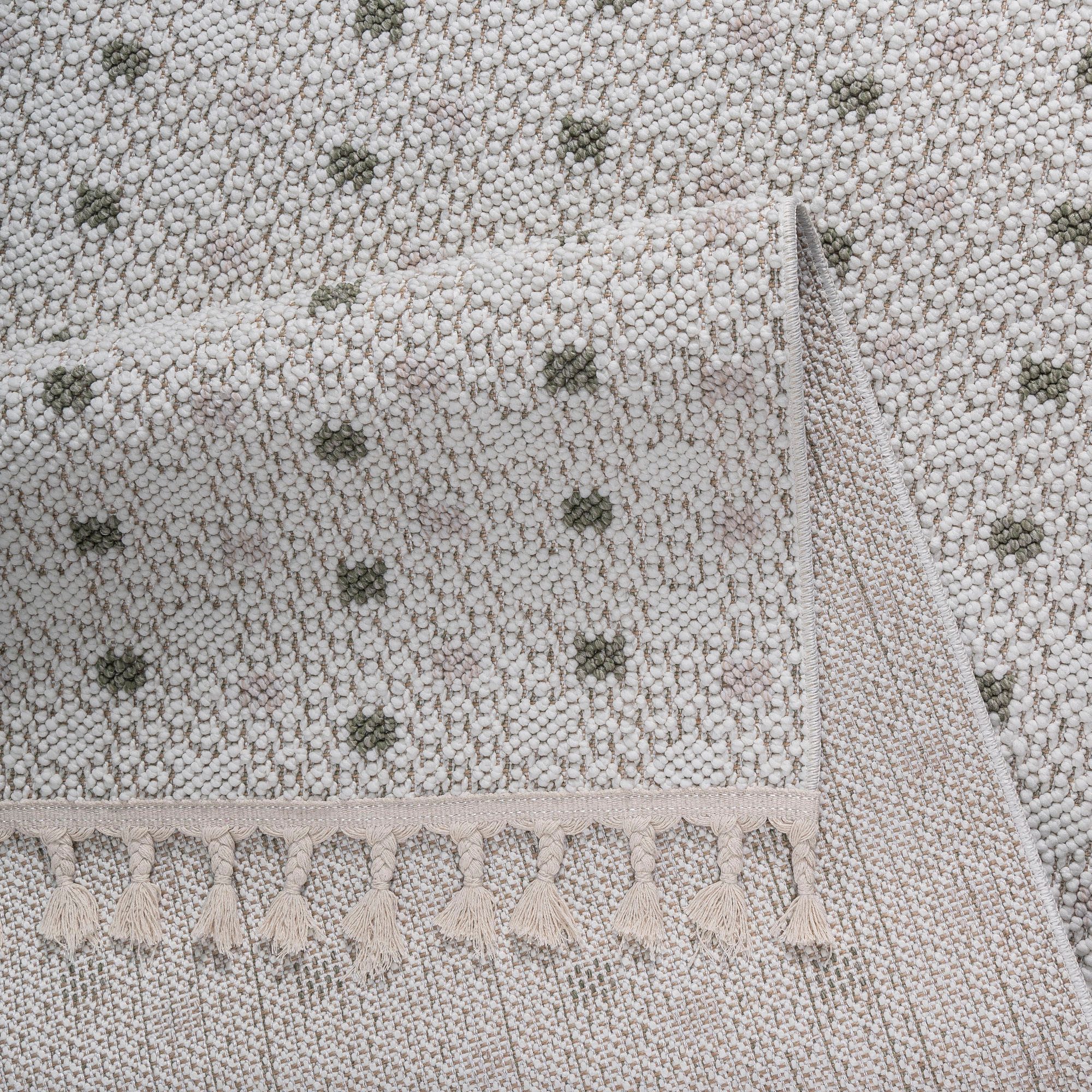 Bruno Banani Vloerkleed Dotty Wol-look, hoog-laag structuur, geschikt voor binnen en buiten, met franjes