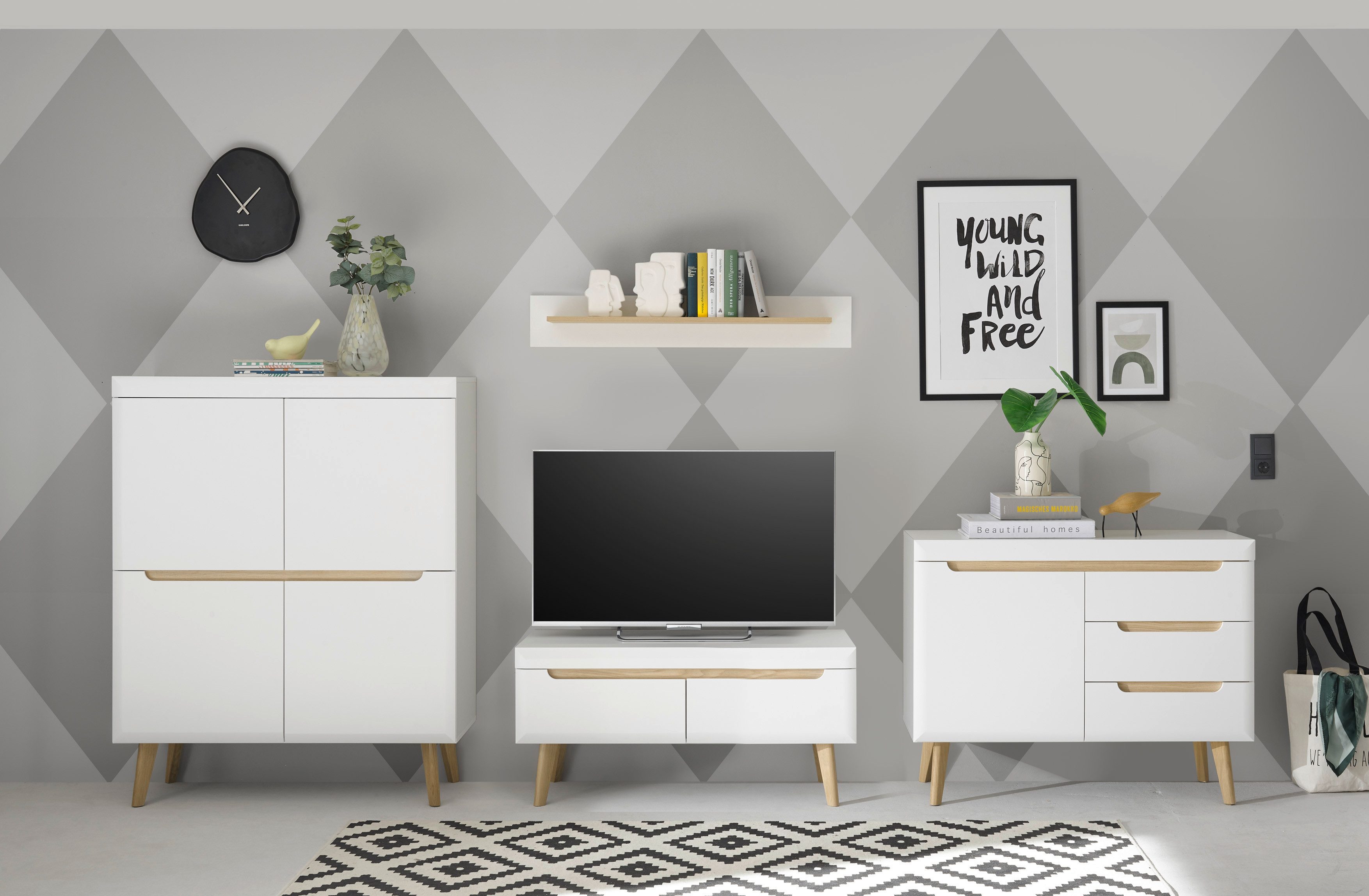 INOSIGN Wandmeubel Torge, wandmeubel, kastwand, mediawand, woonkamer-set bevat lowboard, sideboard, highboard + wandplank, 361 cm breed (4-delig)