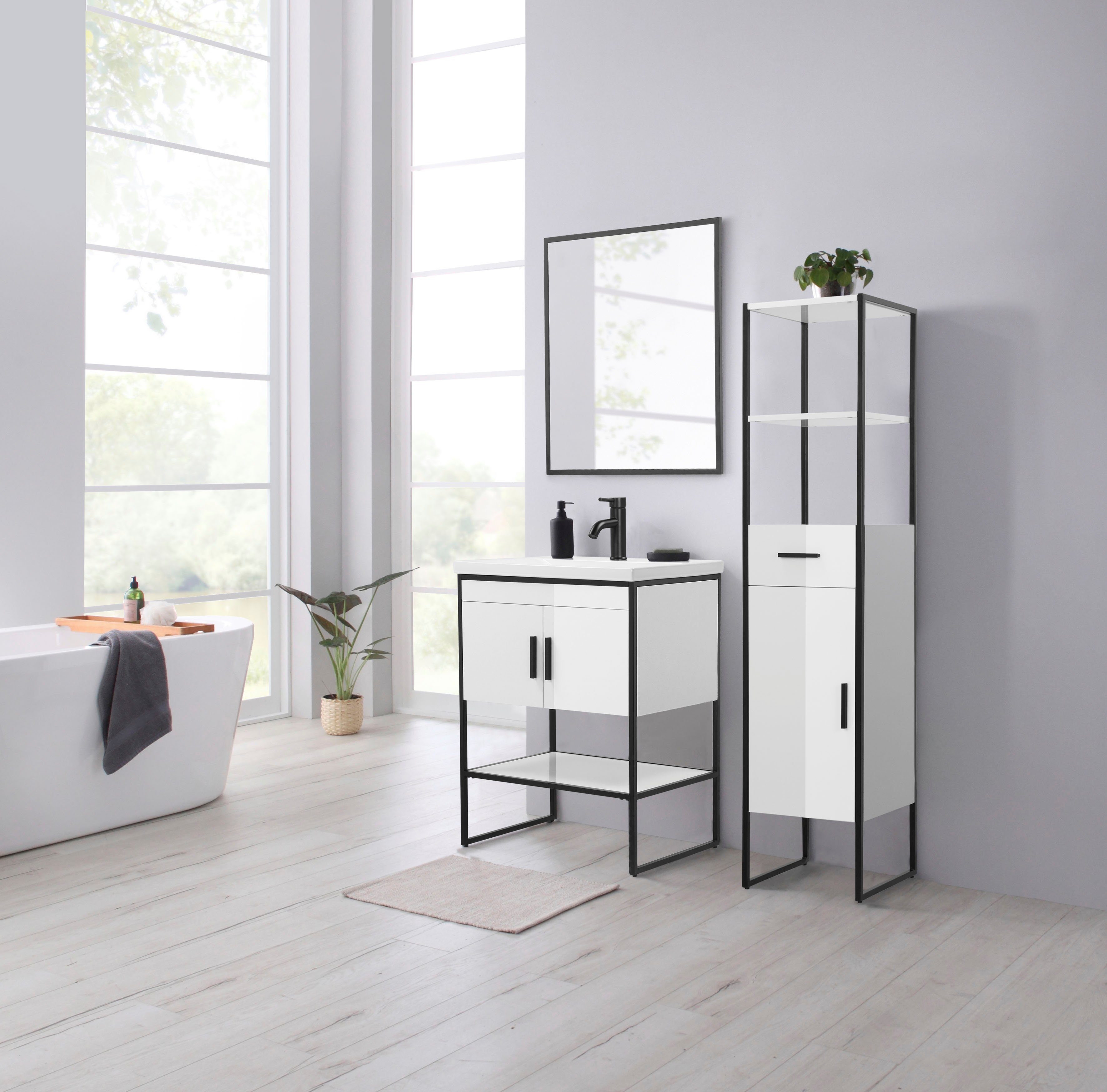 welltime Hoge kast Pisa kast WC bad hoogglans metaal badkamerkast met lade en deur, breedte 35 cm