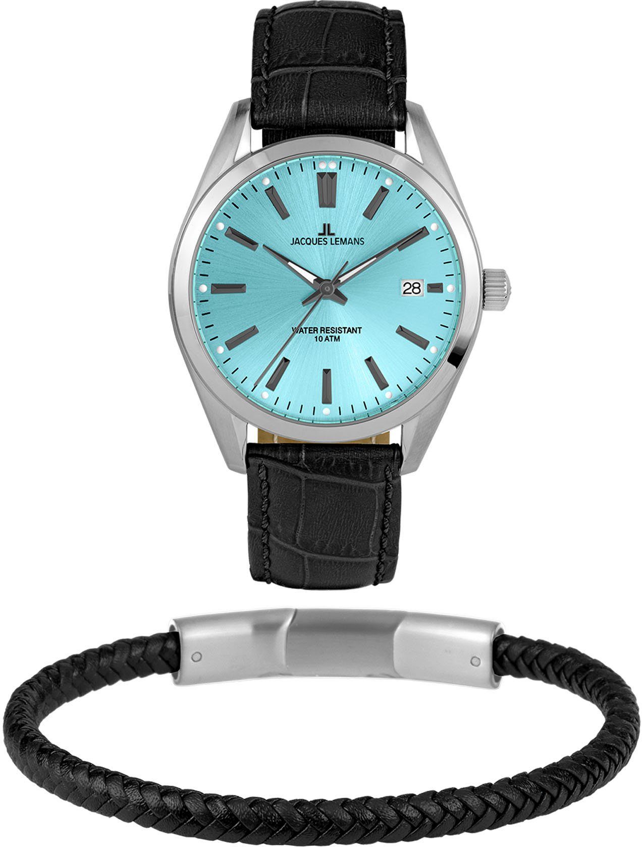 Jacques Lemans Kwartshorloge Derby, 1-2143E-SET Horloge, herenhorloge, datum, cadeau-idee, leren band (set, 2-delig, Horloge met armband) heren