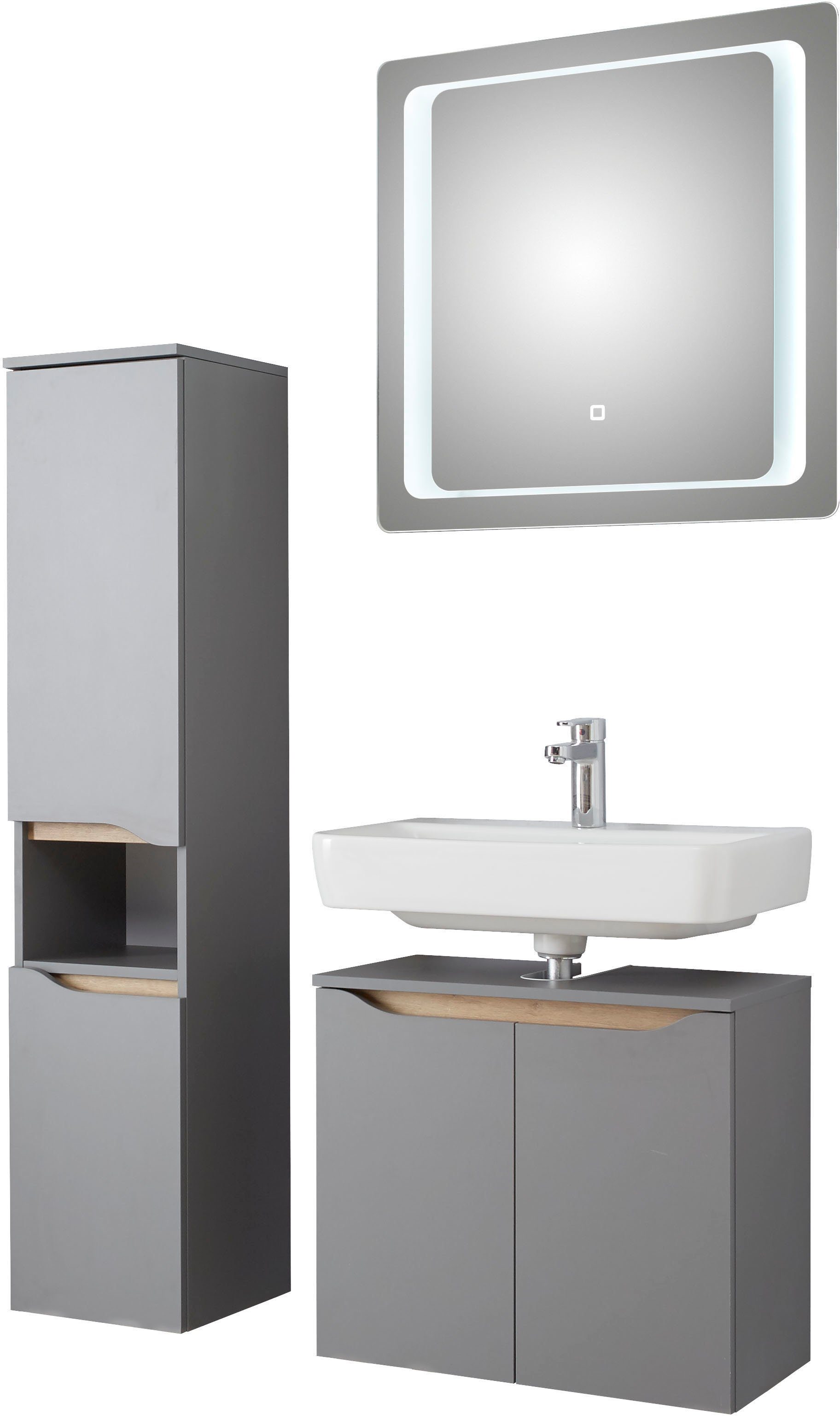 Saphir Badkamerserie Quickset 3-delig, wastafelonderkast met led-spiegel met halfhoge kast, inclusief deurdemper, 4 deuren, 1 nis, badkameraccessoireset (3-delig)