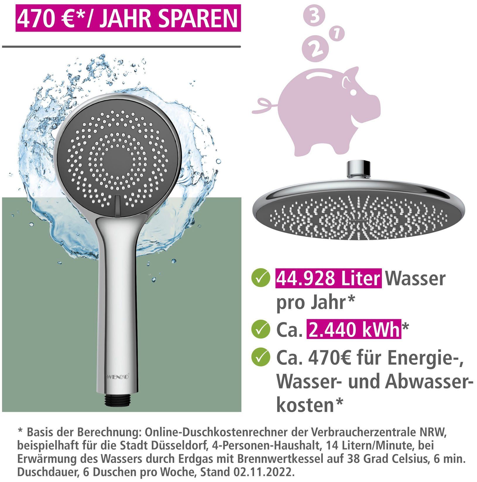 WENKO Douchesysteem Watersaving eenvoudige aansluiting op bestaande kraan of wandbocht