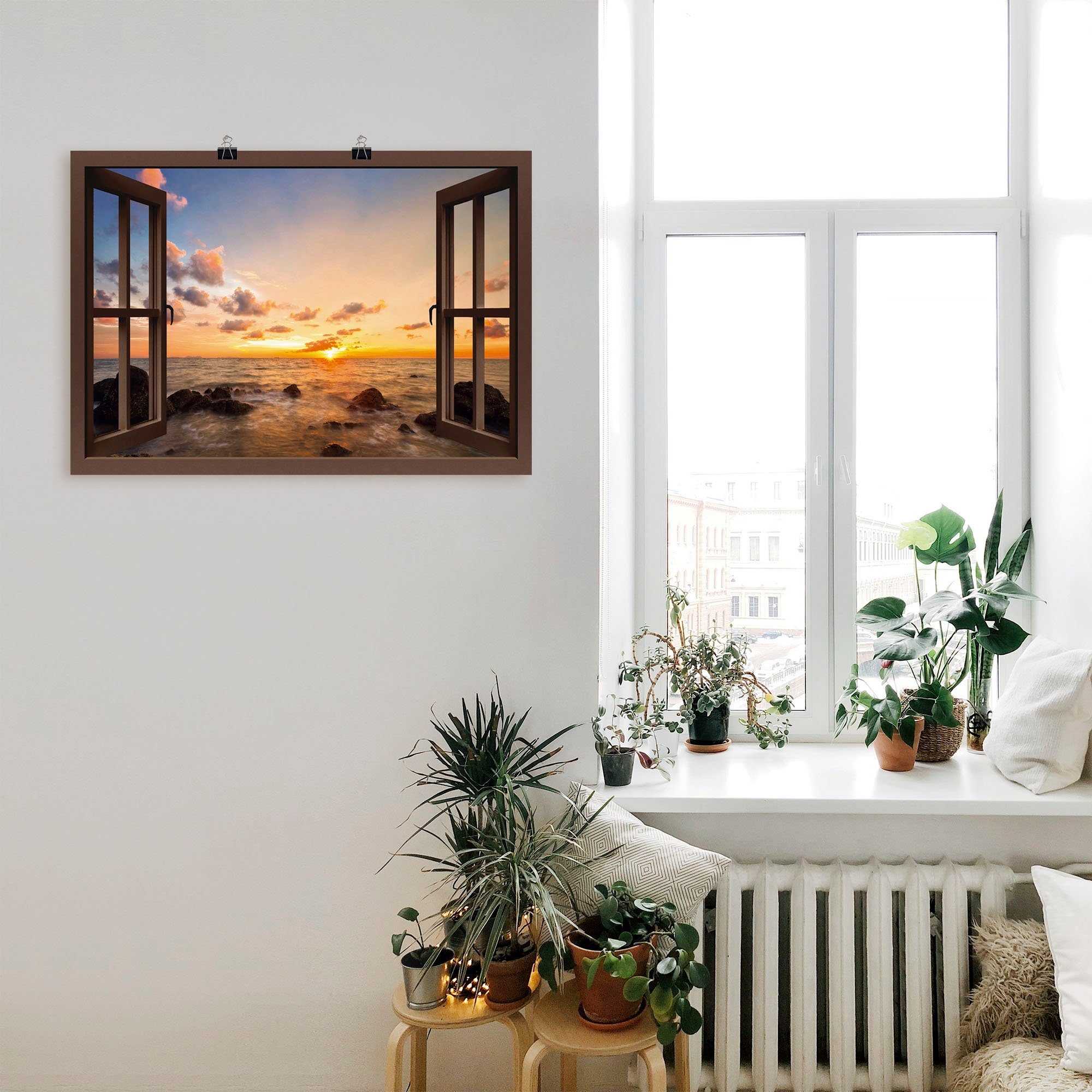 Artland Artprint Blik uit het venster zonsondergang aan zee als artprint van aluminium, artprint voor buiten, artprint op linnen, poster, muursticker