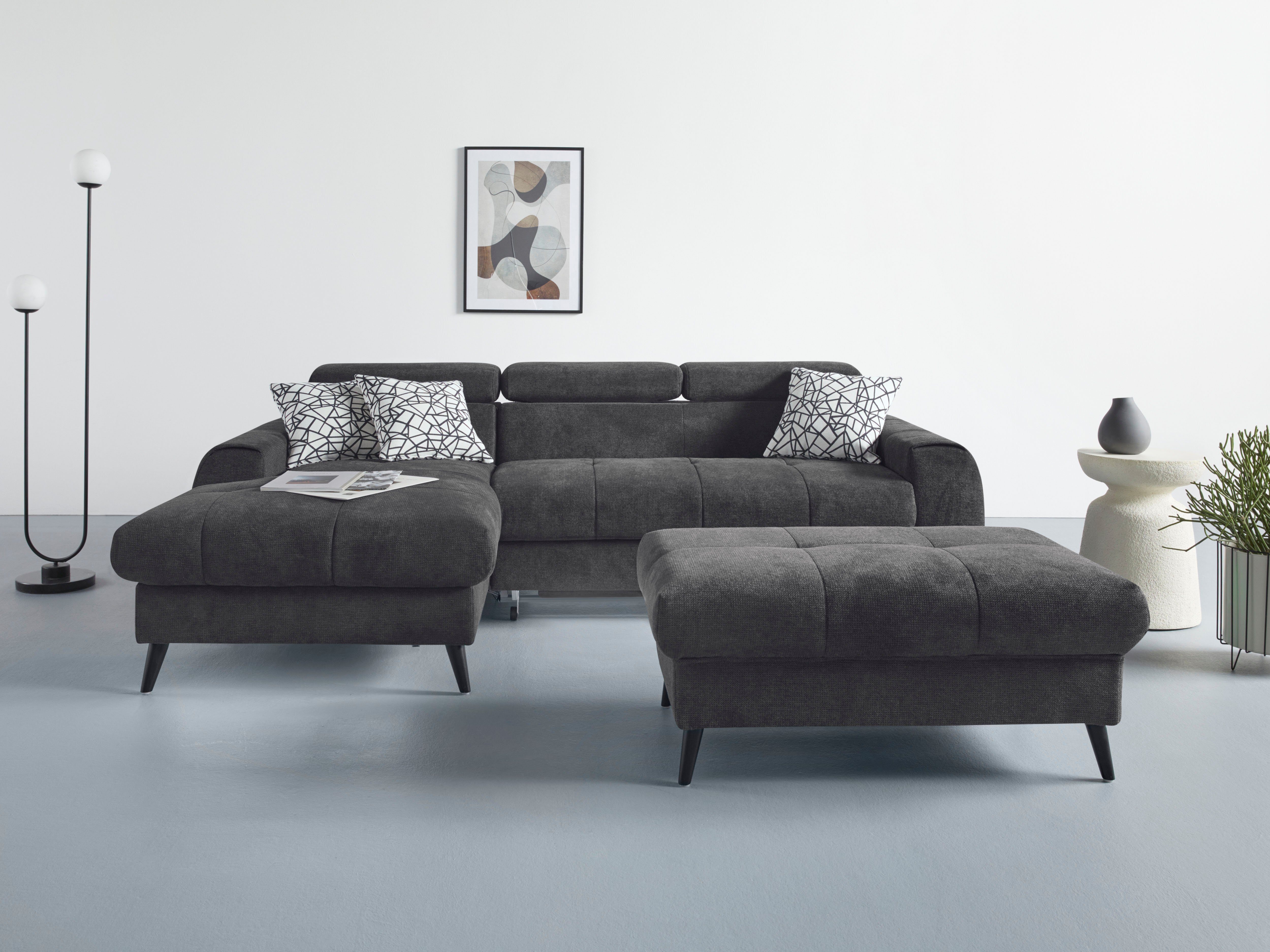 COTTA Hoekbank Mia L-vorm met 3 sierkussens keuze met bedfunctie, bedlade, verlichting & draadloze oplader