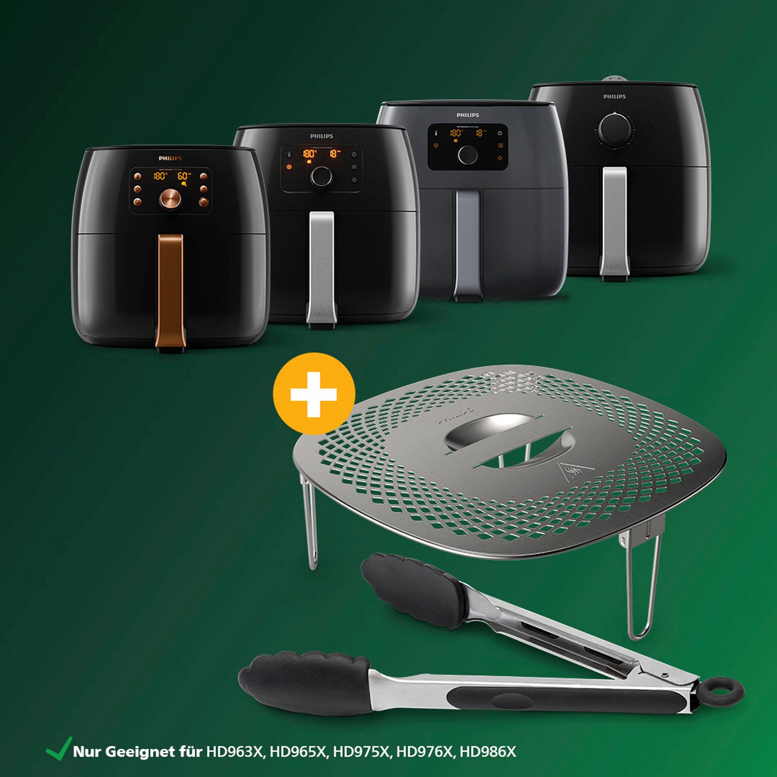 Philips Grillpan-inzet HD9954/01 Snack Profi-Kit Snackdeksel + tang voor Airfryer XXL HD96XX, HD97XX, HD98XX (3-delig)