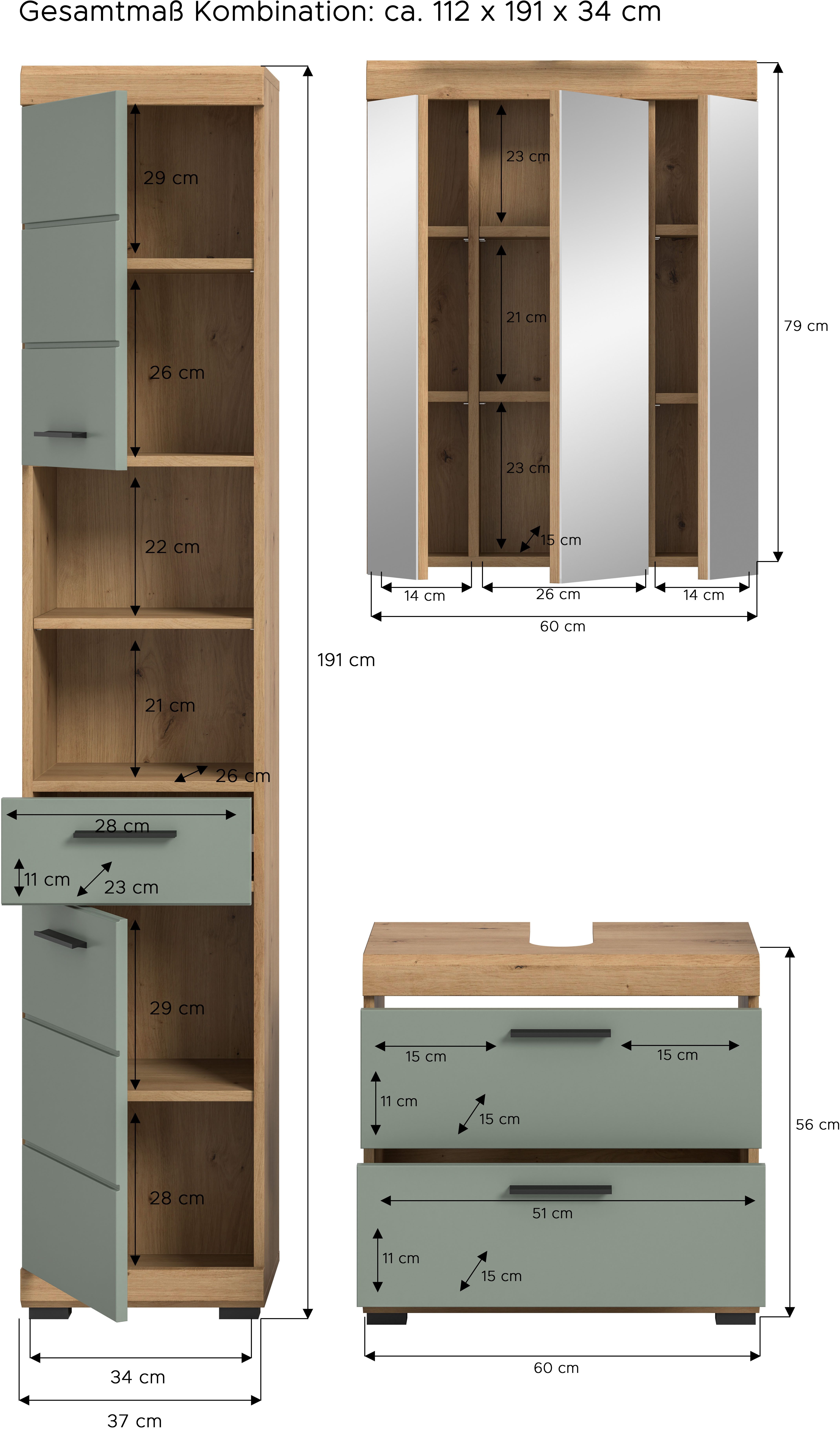 INOSIGN Badkamerserie Siena, 3-delig, bestaande uit: Hoge kast, wastafelonderkast, spiegelkast (set, 3-delig)