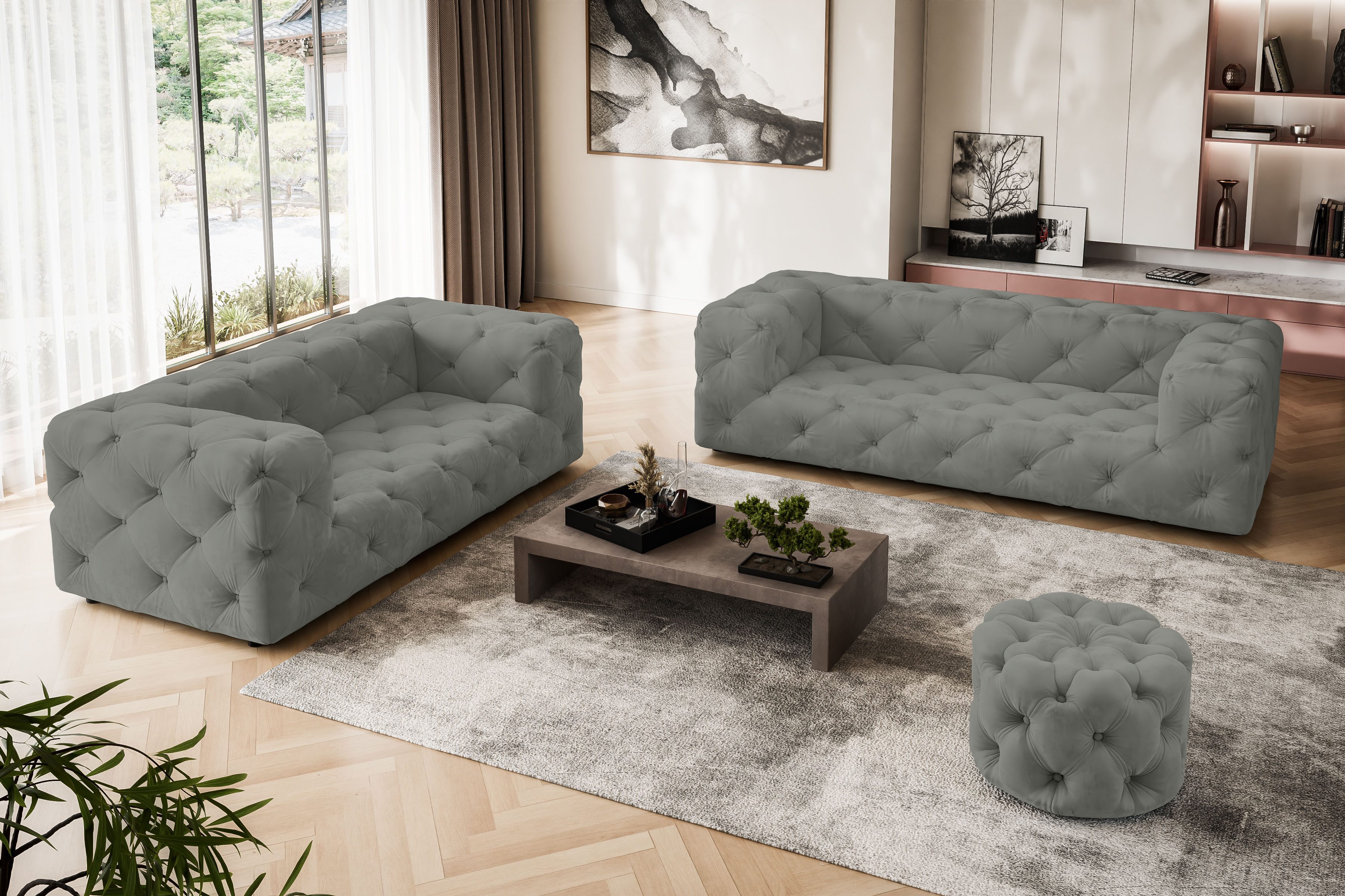 Places of Style 3-zitsbank FOLLINA 3-zits bank met klassieke chesterfield knoopverwerking grijs, 3-zitsbanken