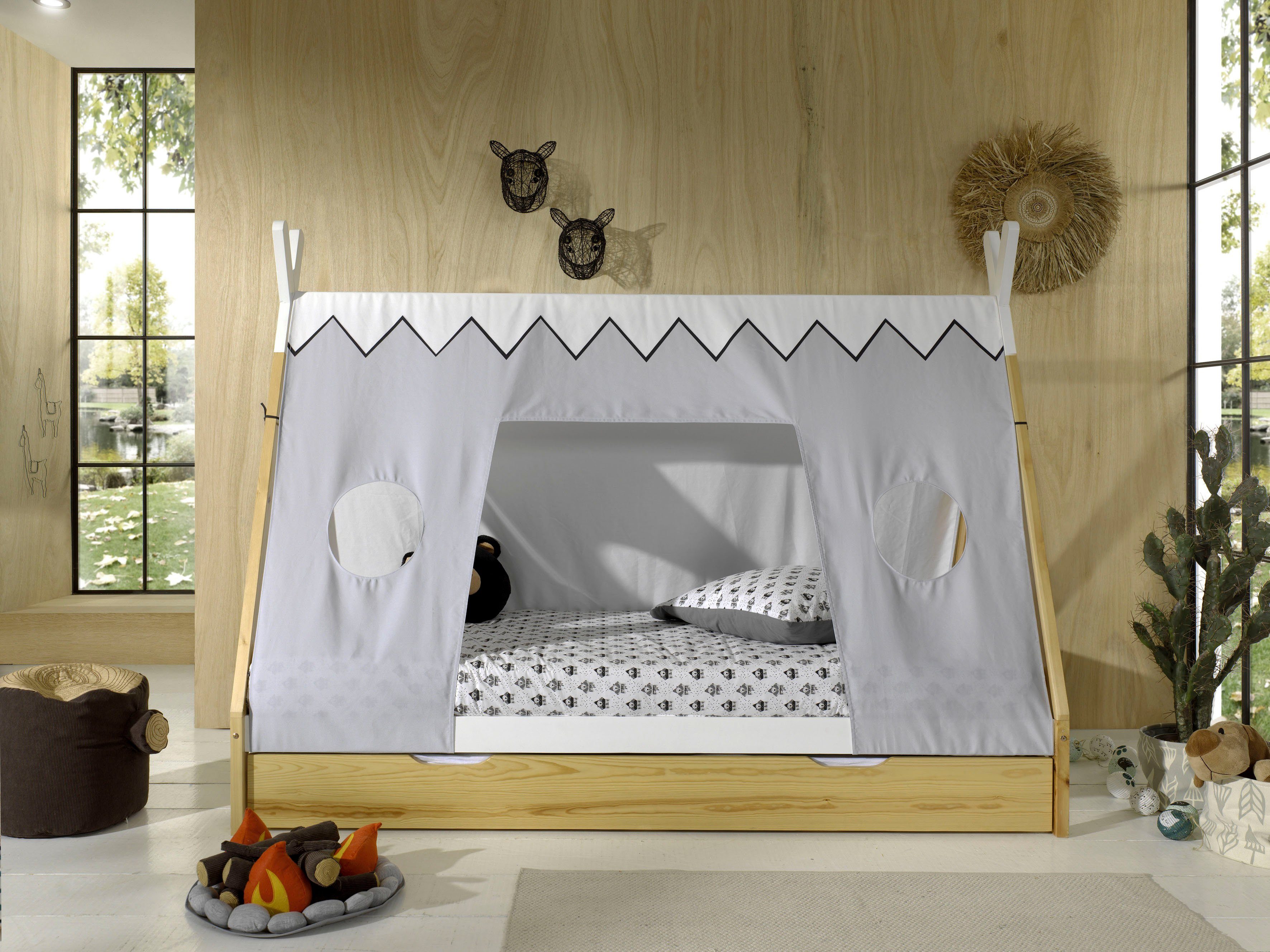 Vipack Kinderledikant Tipi met lattenrol en tentdak, naar keuze met lade eenpersoonsbedden beige