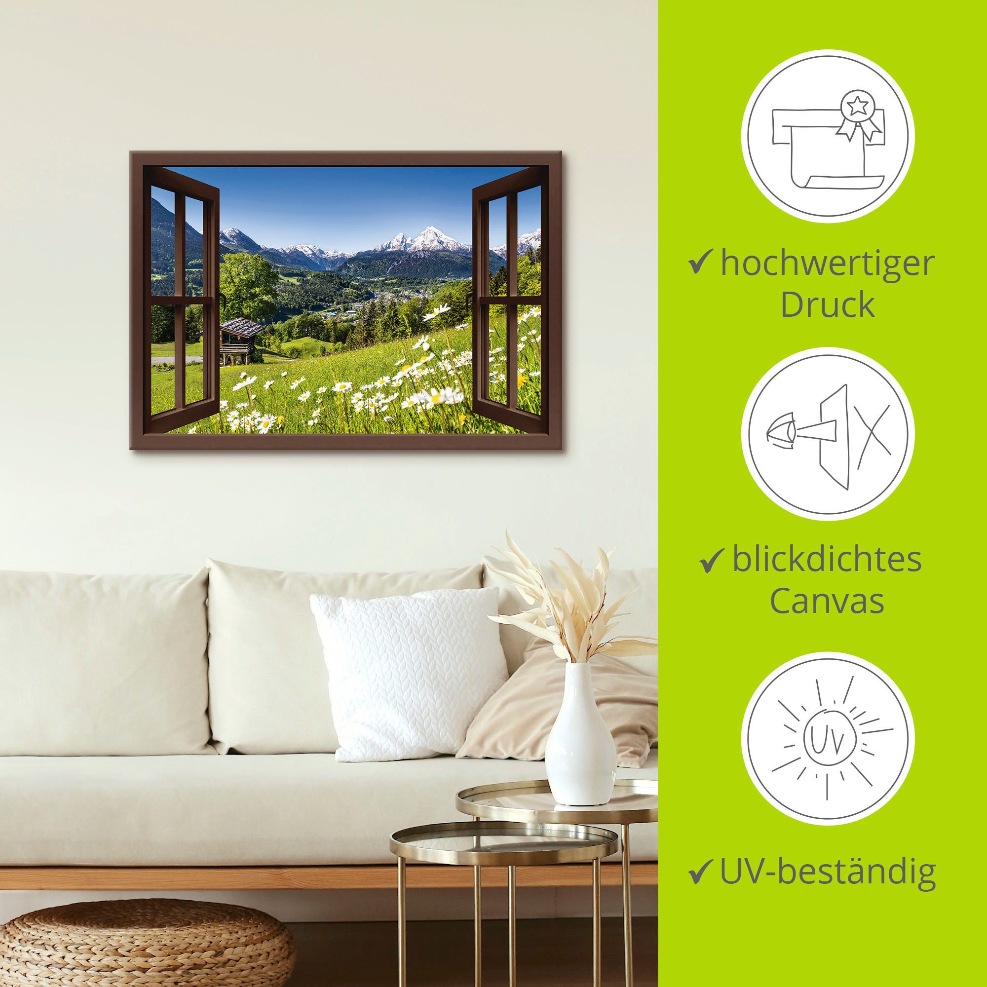 Artland Artprint Blik uit het venster Beierse Alpen als artprint van aluminium, artprint voor buiten, artprint op linnen, poster, muursticker