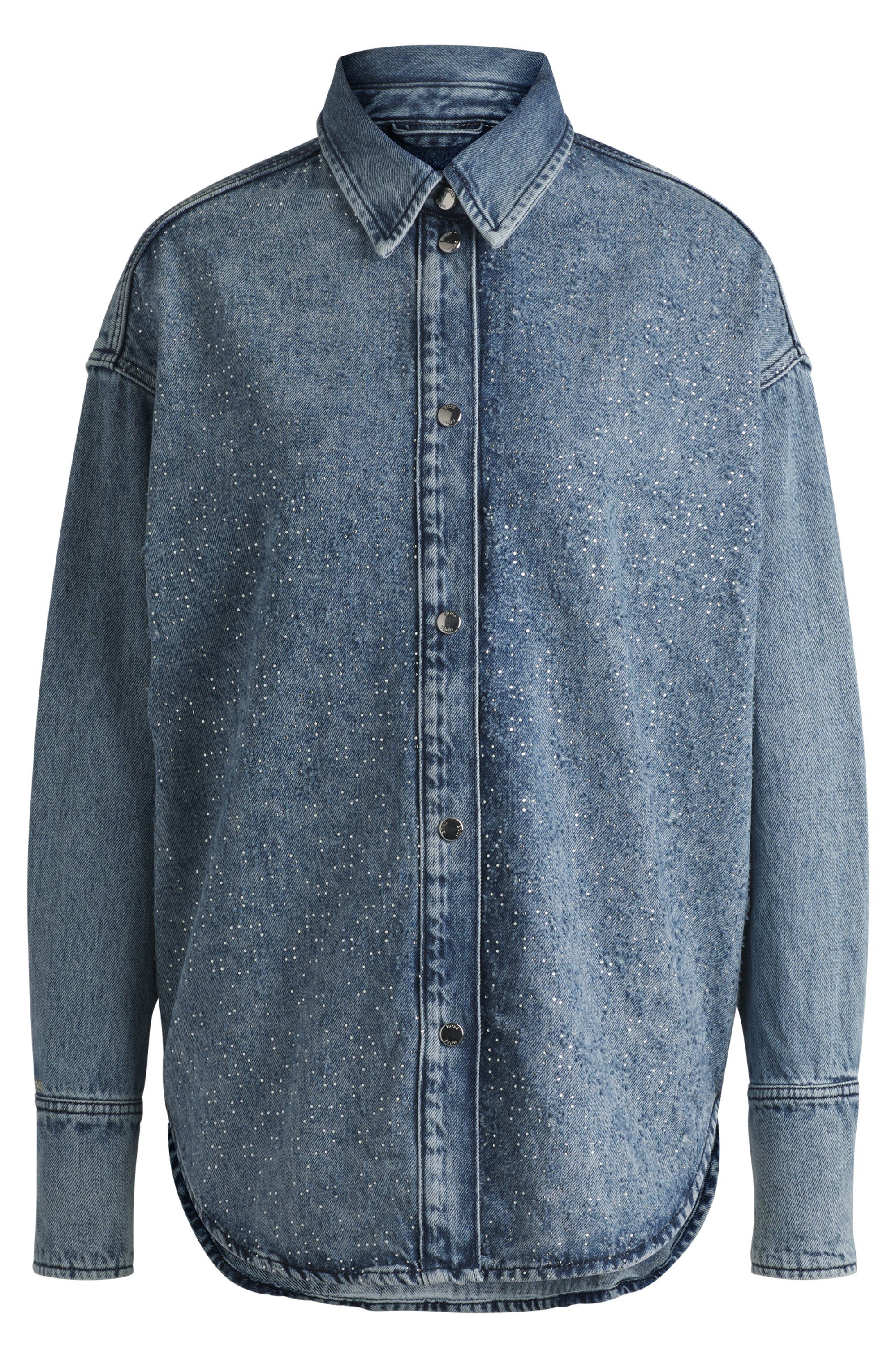 Boss Orange Klassieke blouse C_DENIM SHIRT HF met blazerkraag en all-over strass & glinster effect