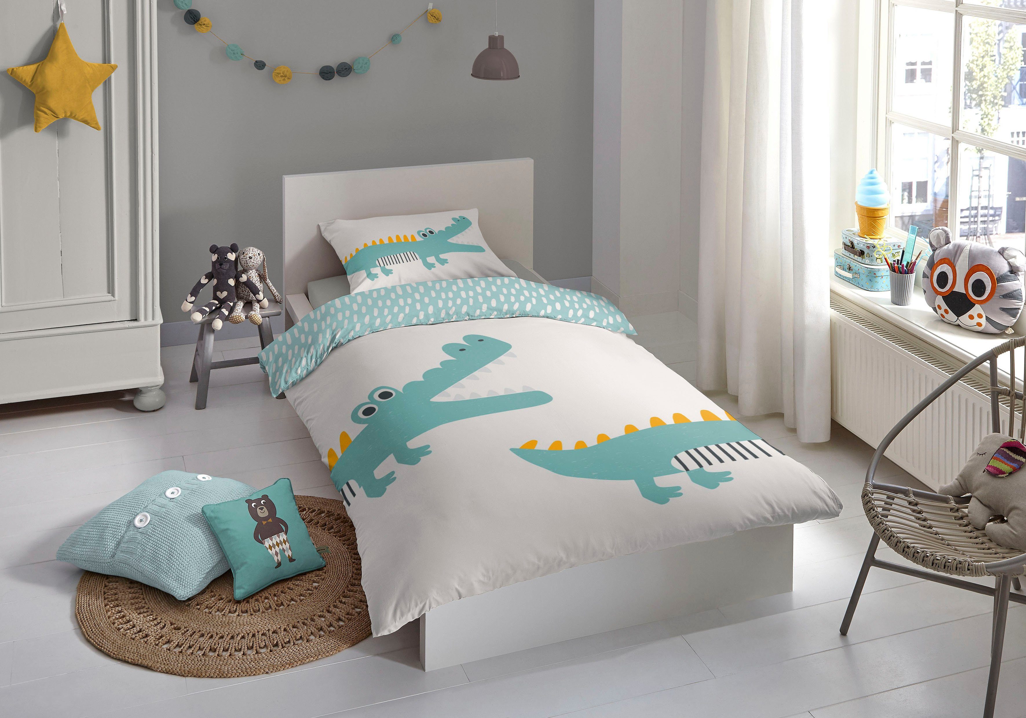 good morning Kinderovertrekset Crocodile 100% katoen, 135x200, rits, omkeerbaar, kind, krokodil (2-delig)