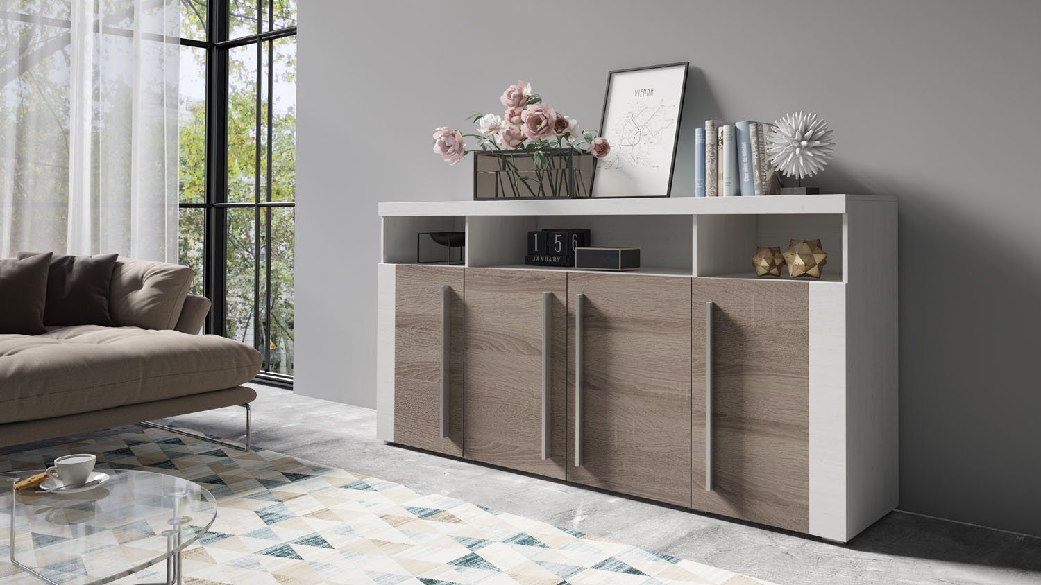 INOSIGN Dressoir Roger, breedte 182 cm, stijlvolle kast met 4 deuren Commode met veel opbergruimte, inlegplanken verstelbaar