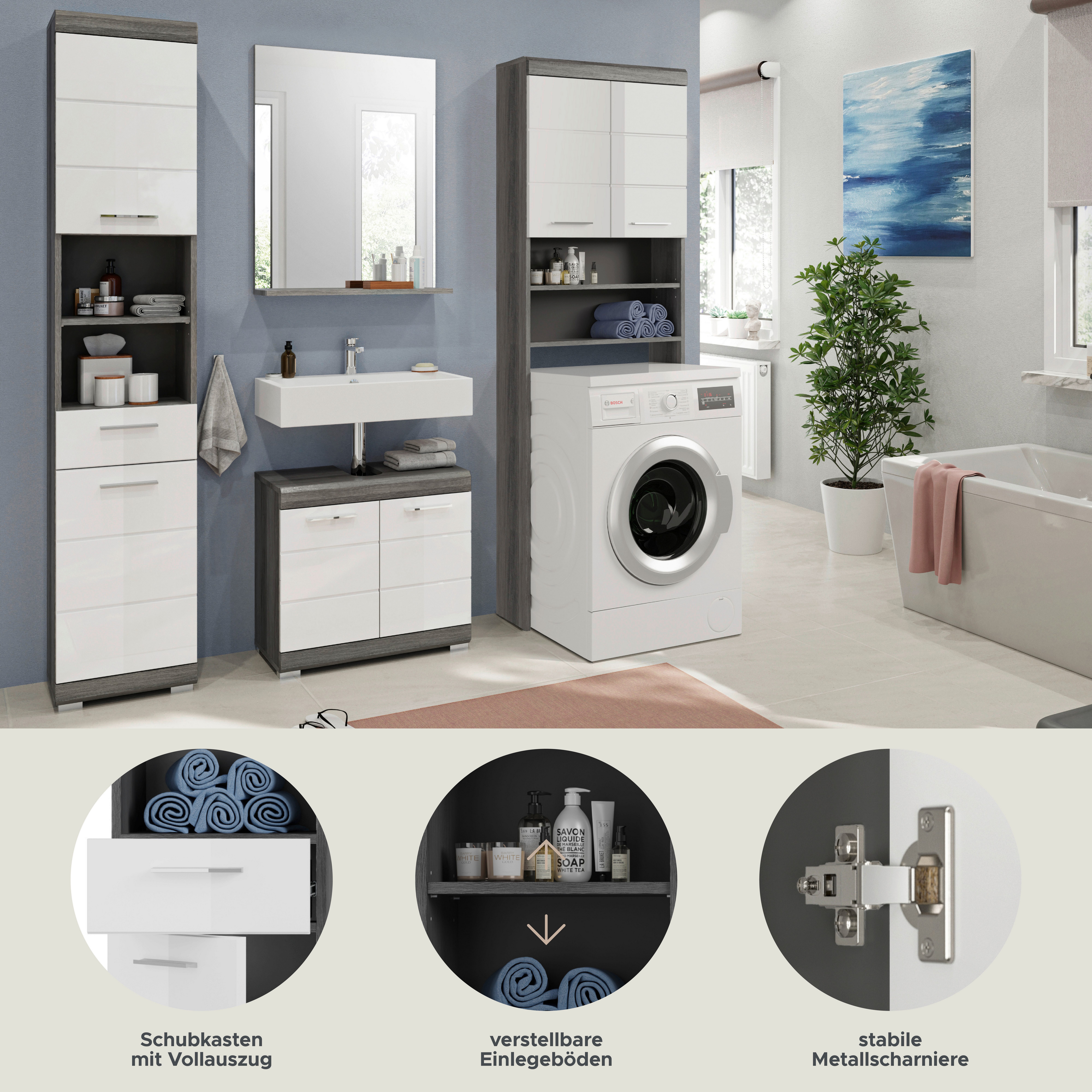 INOSIGN Badkamerserie Siena, 4-delig, bestaande uit: Hoge kast, WBU, badkamer spiegel, wasmachine ombouwkast (set, 4-delig)
