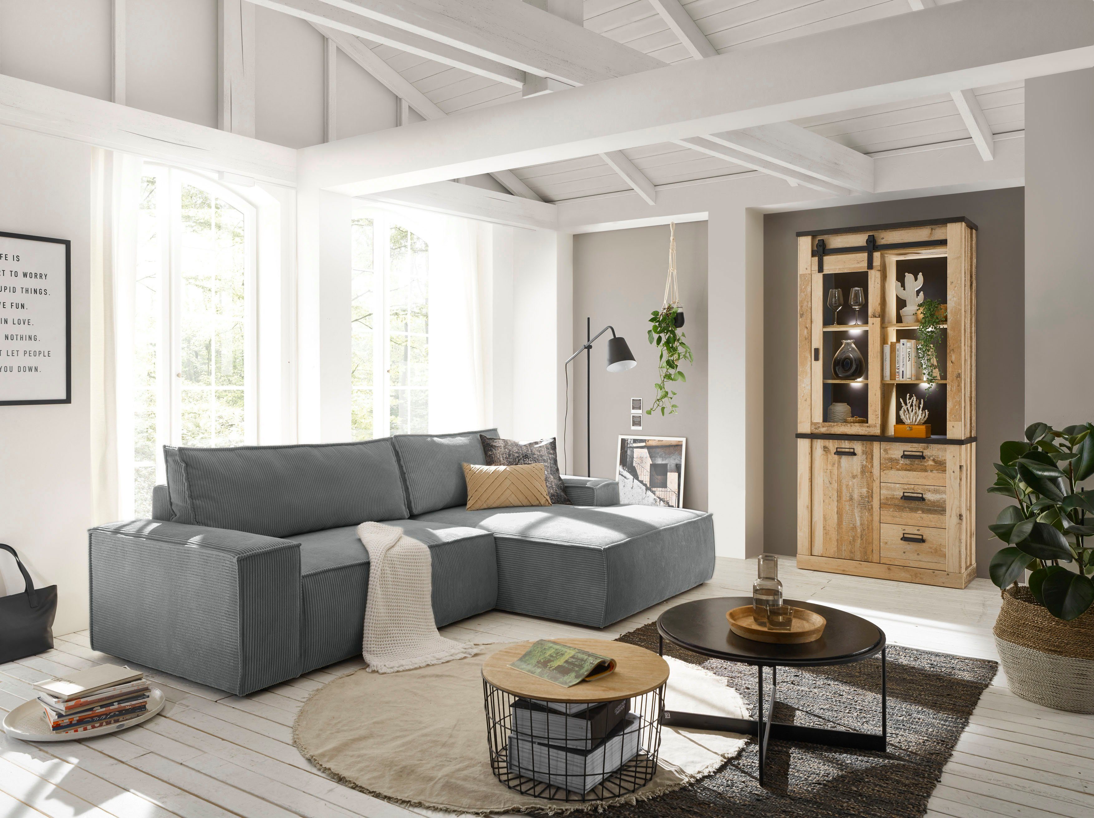 Home affaire Hoekbank SHERWOOD bedbank 267 cm, L-model, Slaapfunctie met bedlade (210x136 cm), cord, vintage, fluweel