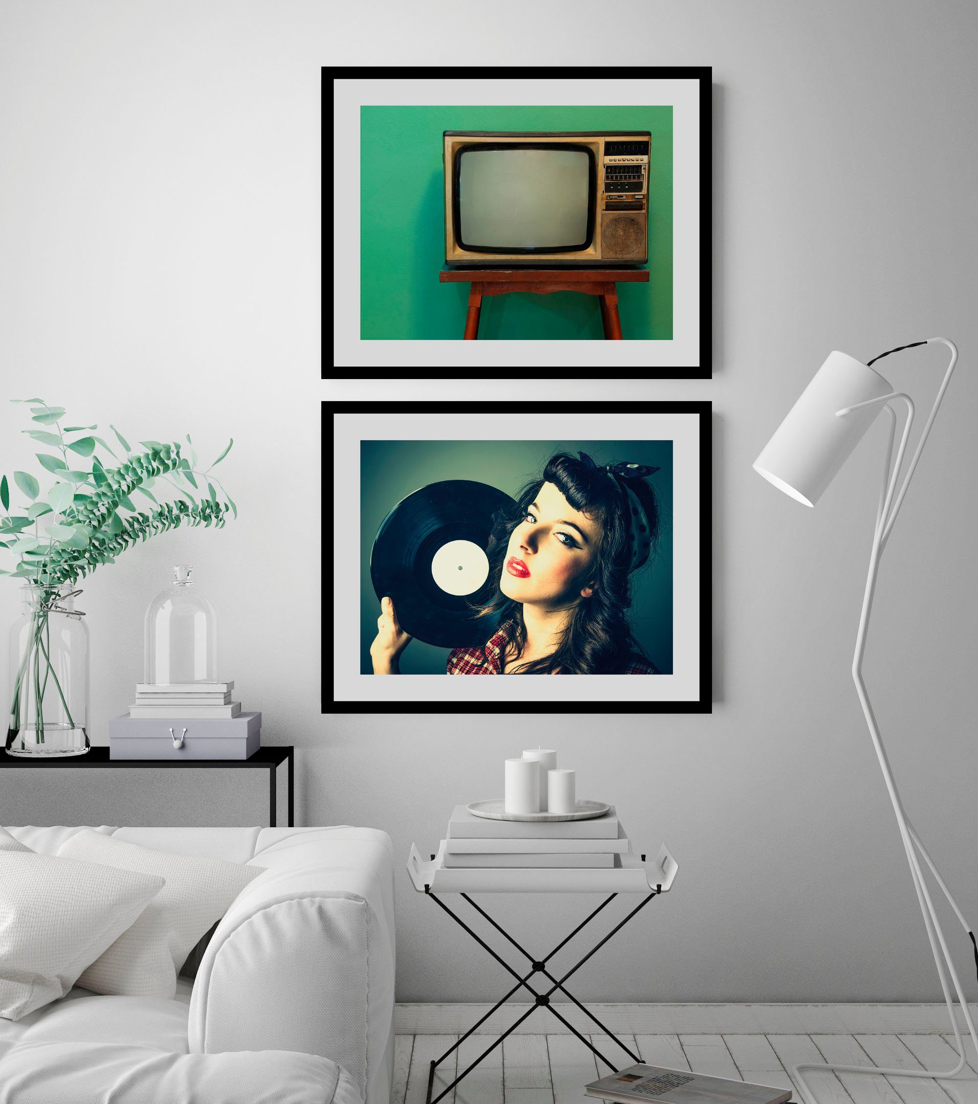 queence Wanddecoratie Buistelevisie HD premium posterdruk incl. houten lijst (1 stuk) schilderijen maat 50 cm x 40 cm beige