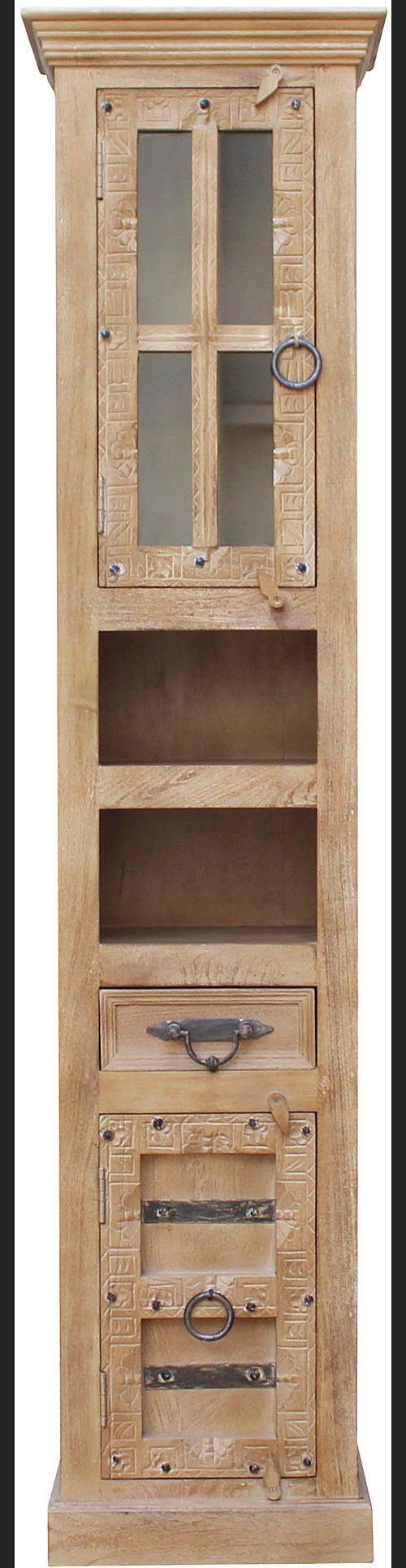 SIT Vitrinekast Daipur met glazen deur en 1 lade. 2 open vakken gegraveerde versieringen, breedte 44/hoogte 188 cm vitrinekasten beige