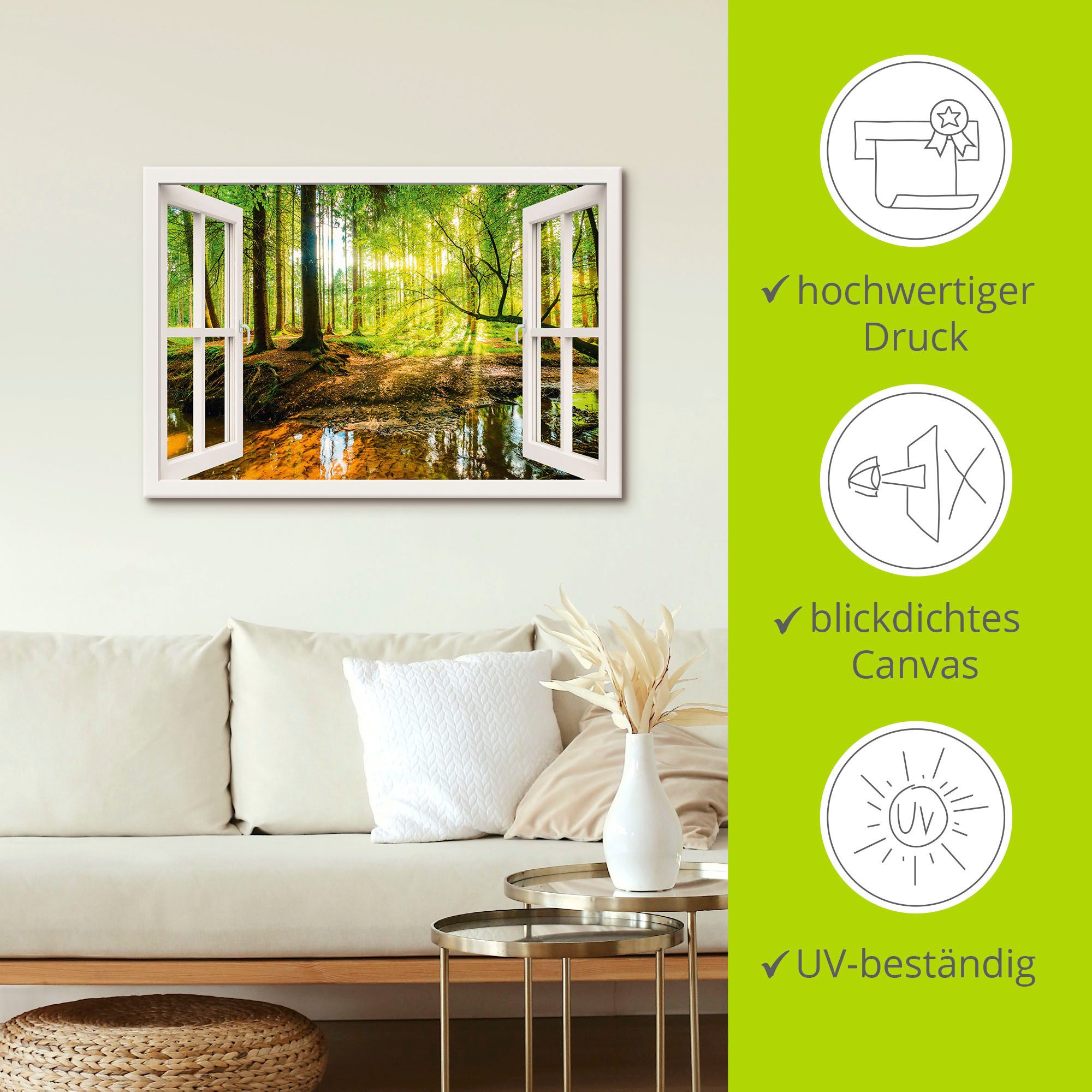 Artland Artprint Blik uit het venster - bos met beek als artprint op linnen, poster, muursticker in verschillende maten